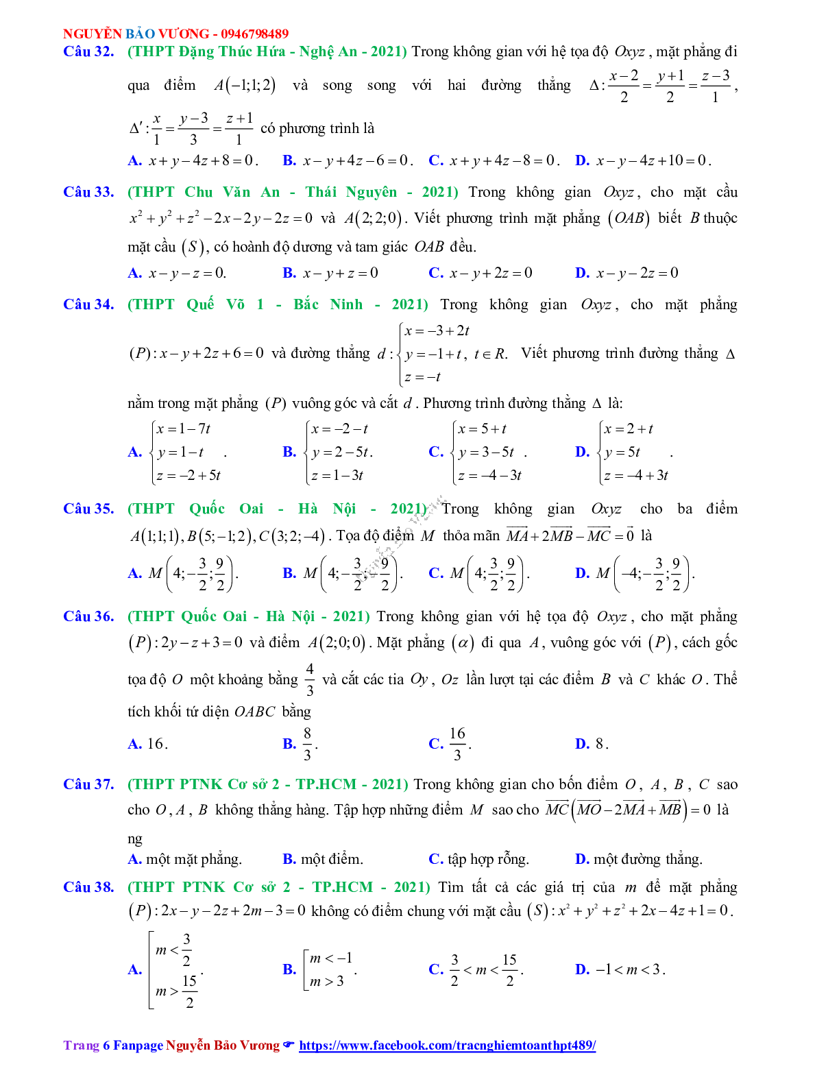 Trắc nghiệm Ôn thi THPT QG Toán 12: Câu hỏi phương pháp tọa độ trong không gian mức độ vận dụng (trang 6)