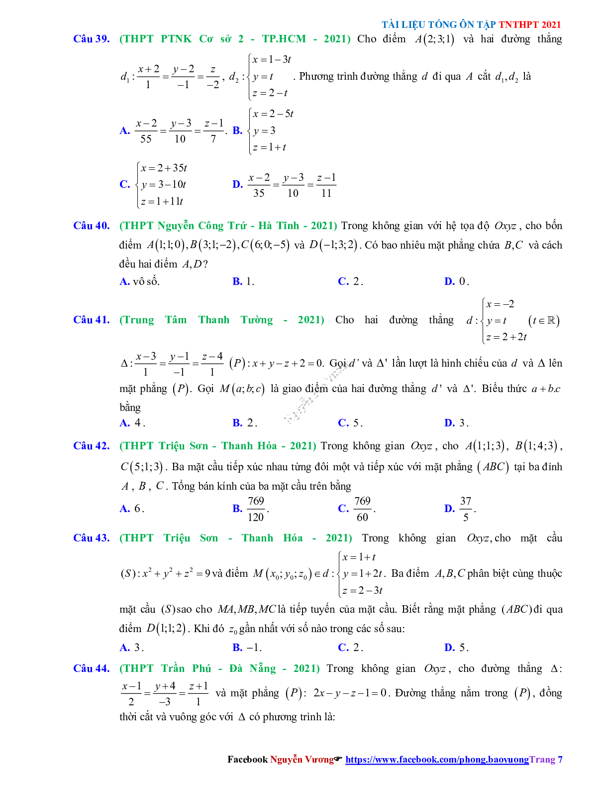 Trắc nghiệm Ôn thi THPT QG Toán 12: Câu hỏi phương pháp tọa độ trong không gian mức độ vận dụng (trang 7)
