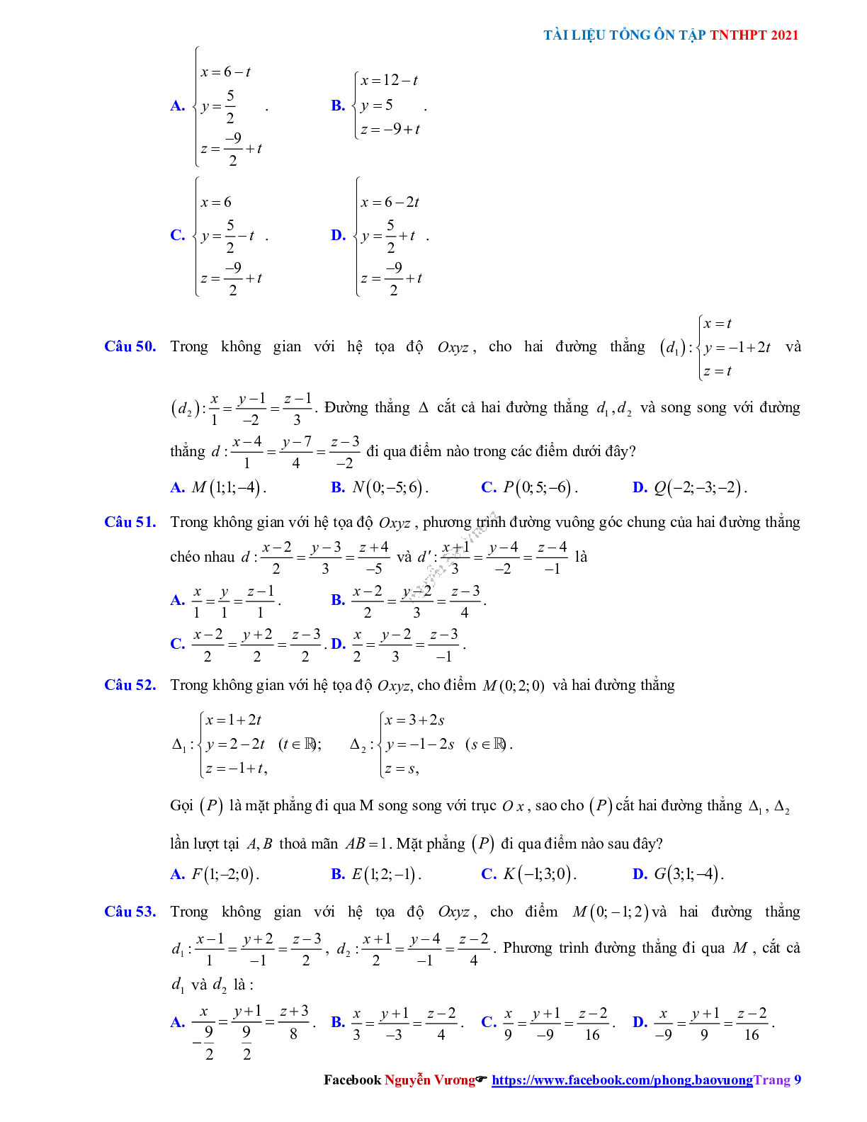Trắc nghiệm Ôn thi THPT QG Toán 12: Câu hỏi phương pháp tọa độ trong không gian mức độ vận dụng (trang 9)