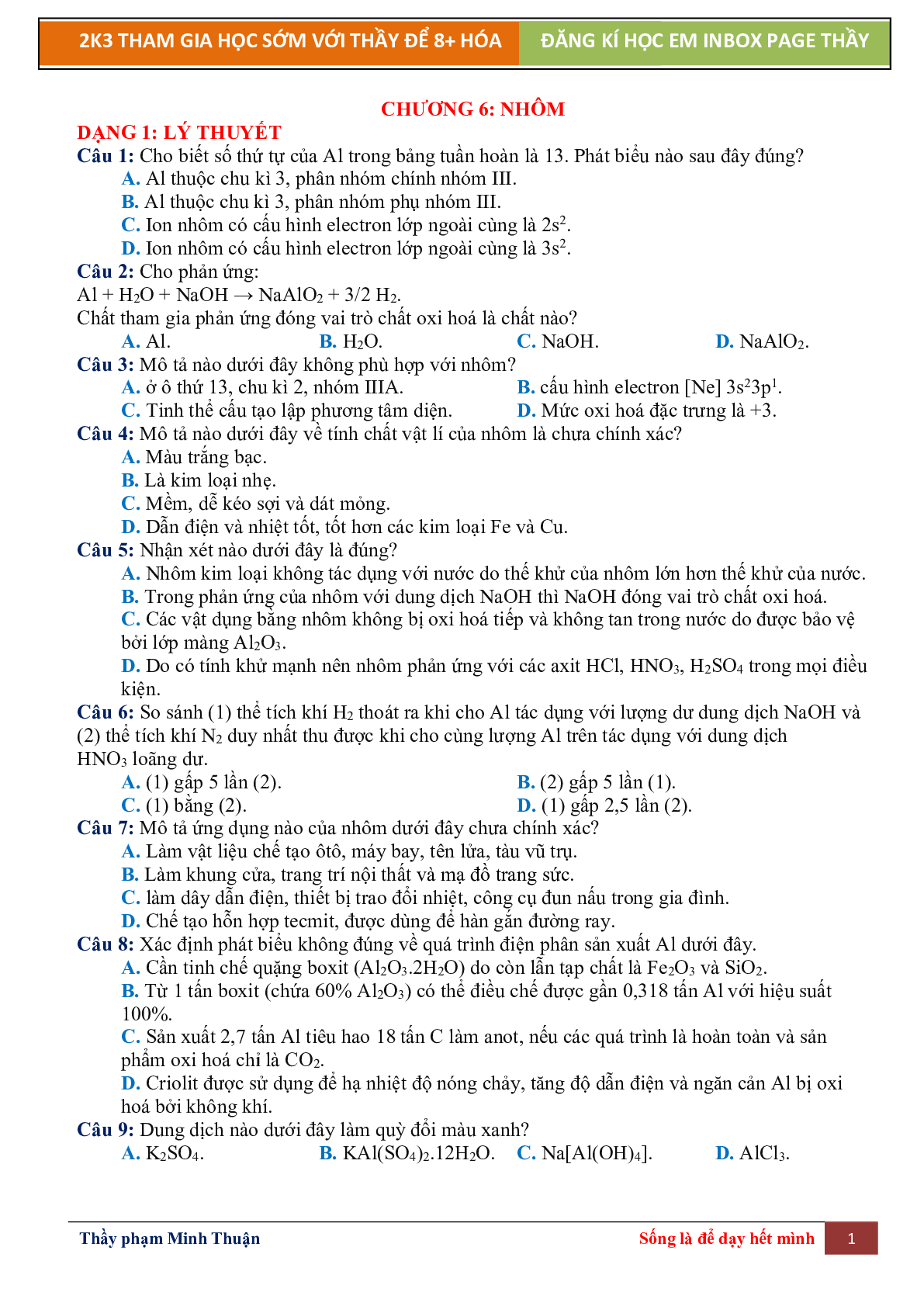 Lý Thuyết Chương 6 Nhôm Môn Hóa Học Lớp 12 (trang 1)