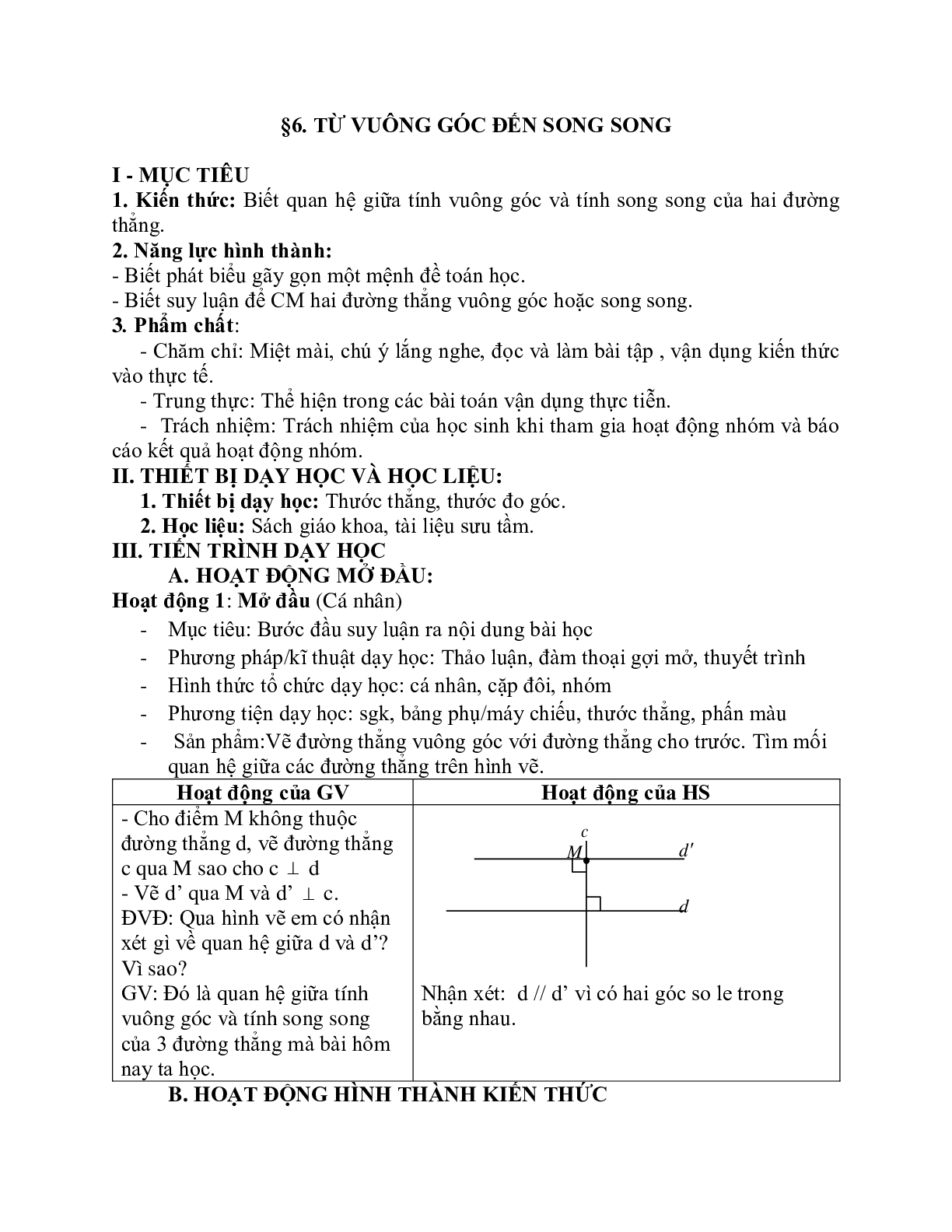 Giáo án Toán học 7 bài 6: Từ vuông góc đến song song chuẩn nhất (trang 1)
