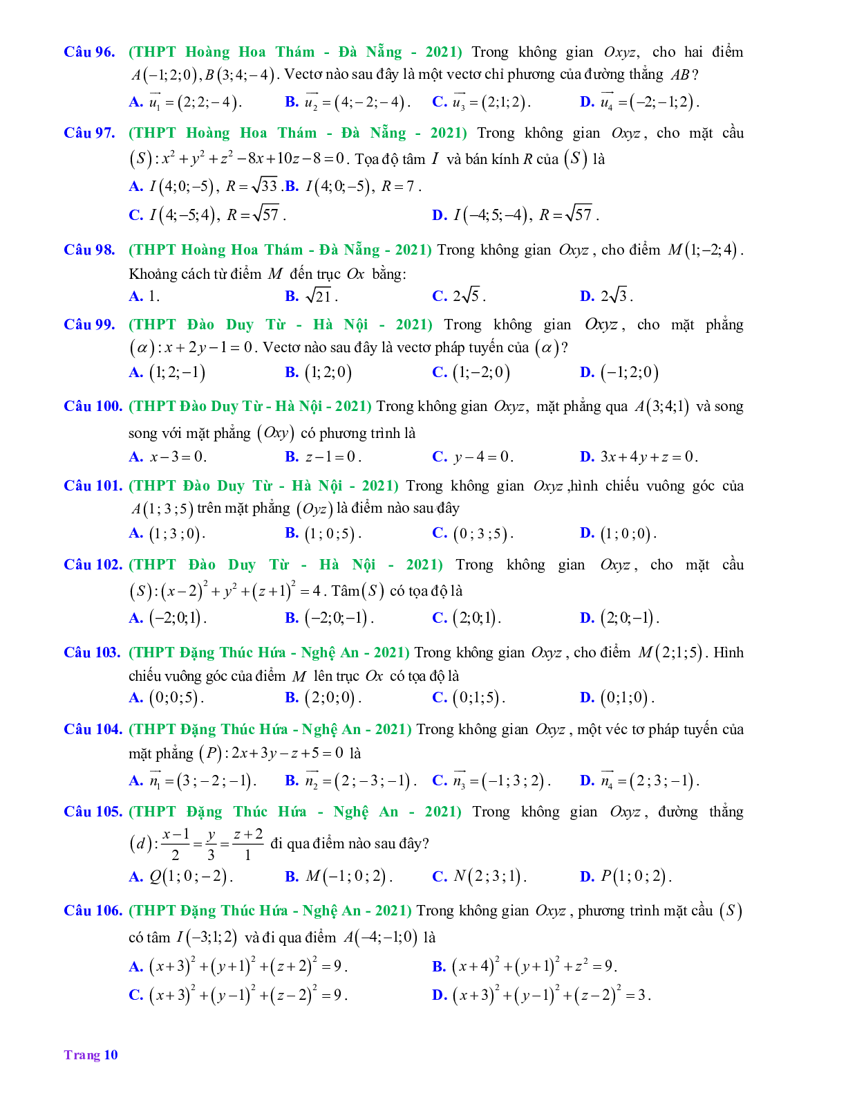 60 câu Trắc nghiệm Hệ tọa độ trong không gian có đáp án 2023 – Toán 12 (trang 10)