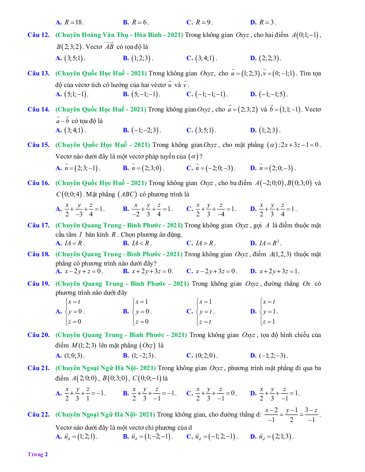 60 câu Trắc nghiệm Hệ tọa độ trong không gian có đáp án 2023 – Toán 12 (trang 2)