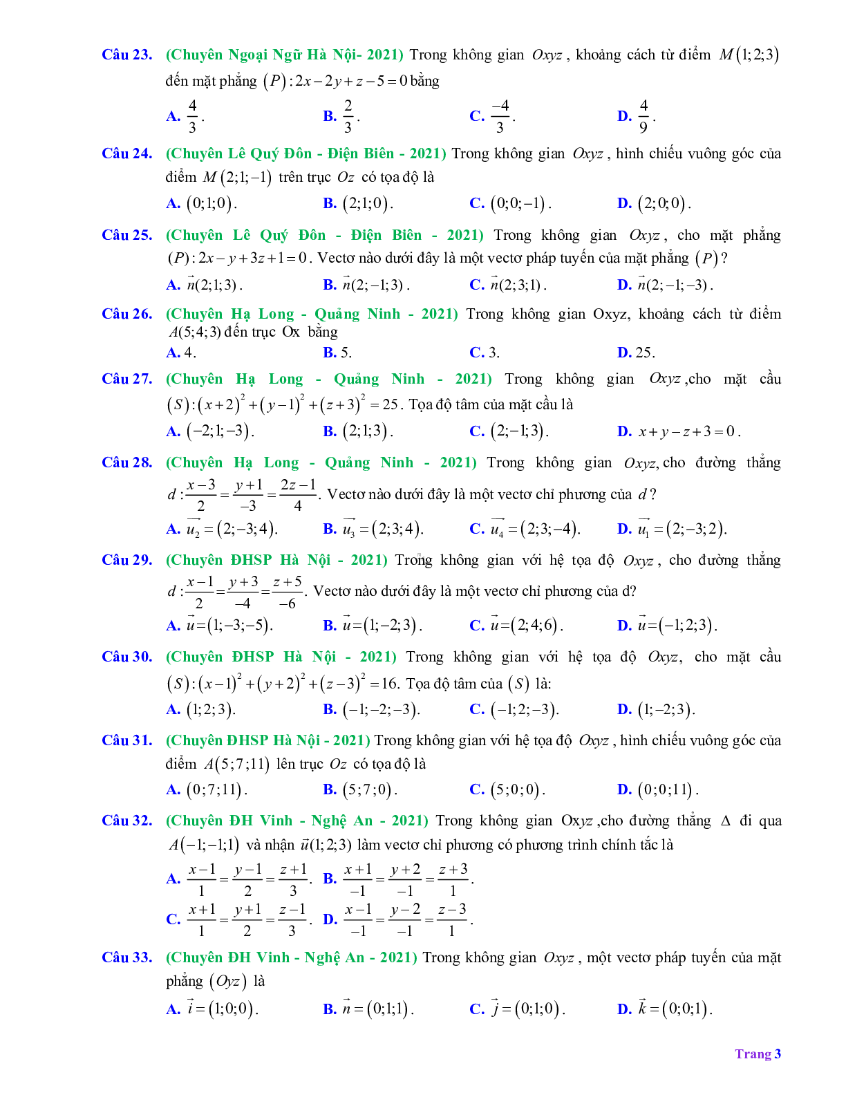 60 câu Trắc nghiệm Hệ tọa độ trong không gian có đáp án 2023 – Toán 12 (trang 3)