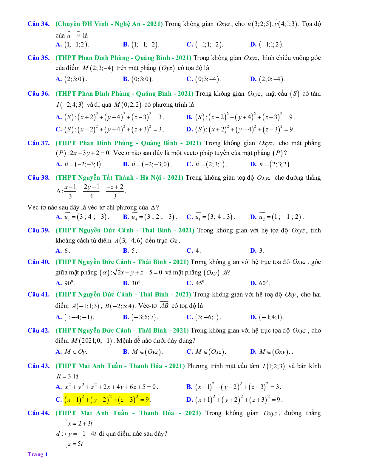 60 câu Trắc nghiệm Hệ tọa độ trong không gian có đáp án 2023 – Toán 12 (trang 4)
