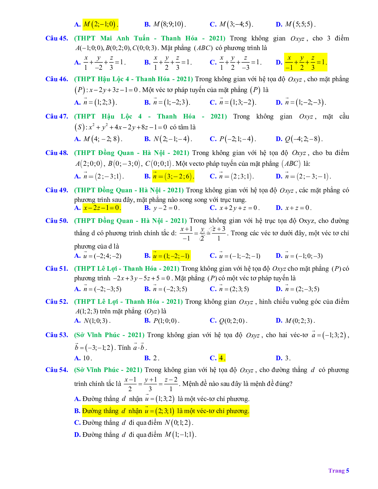 60 câu Trắc nghiệm Hệ tọa độ trong không gian có đáp án 2023 – Toán 12 (trang 5)