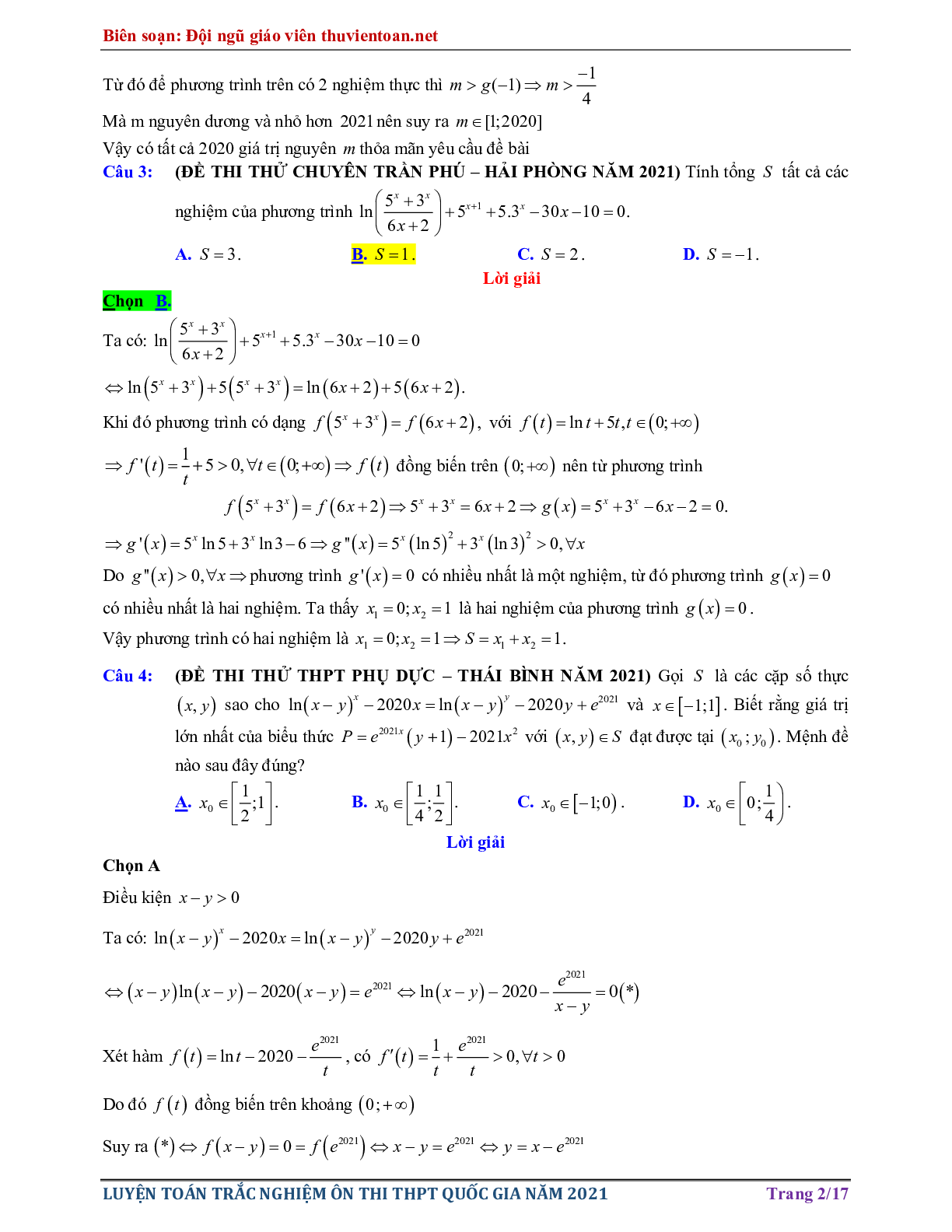 Vận dụng cao - Phương trình Mũ - Logarit trong đề thi thử THPTQG năm 2021 có lời giải chi tiết (trang 2)