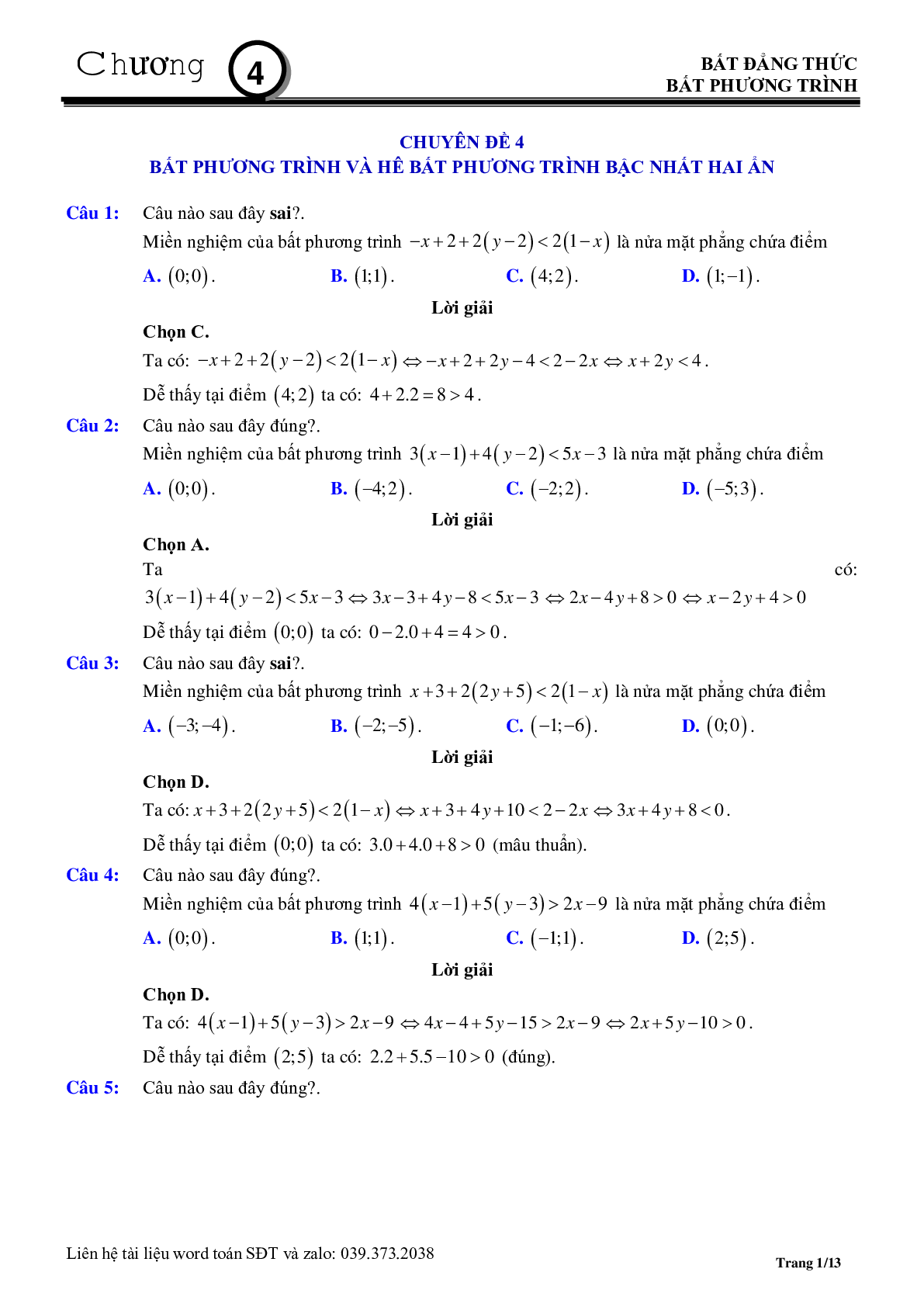 Chuyên đề bất phương trình, hệ phương trình bậc nhất hai ẩn (trang 1)