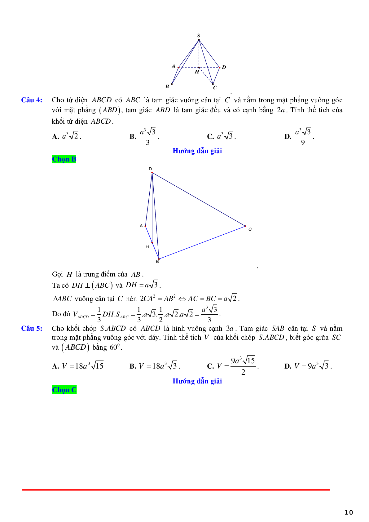 69 câu trắc nghiệm về thể thích khối chóp có một mặt bên vuông góc với đáy phần 2 - có đáp án chi tiết (trang 10)