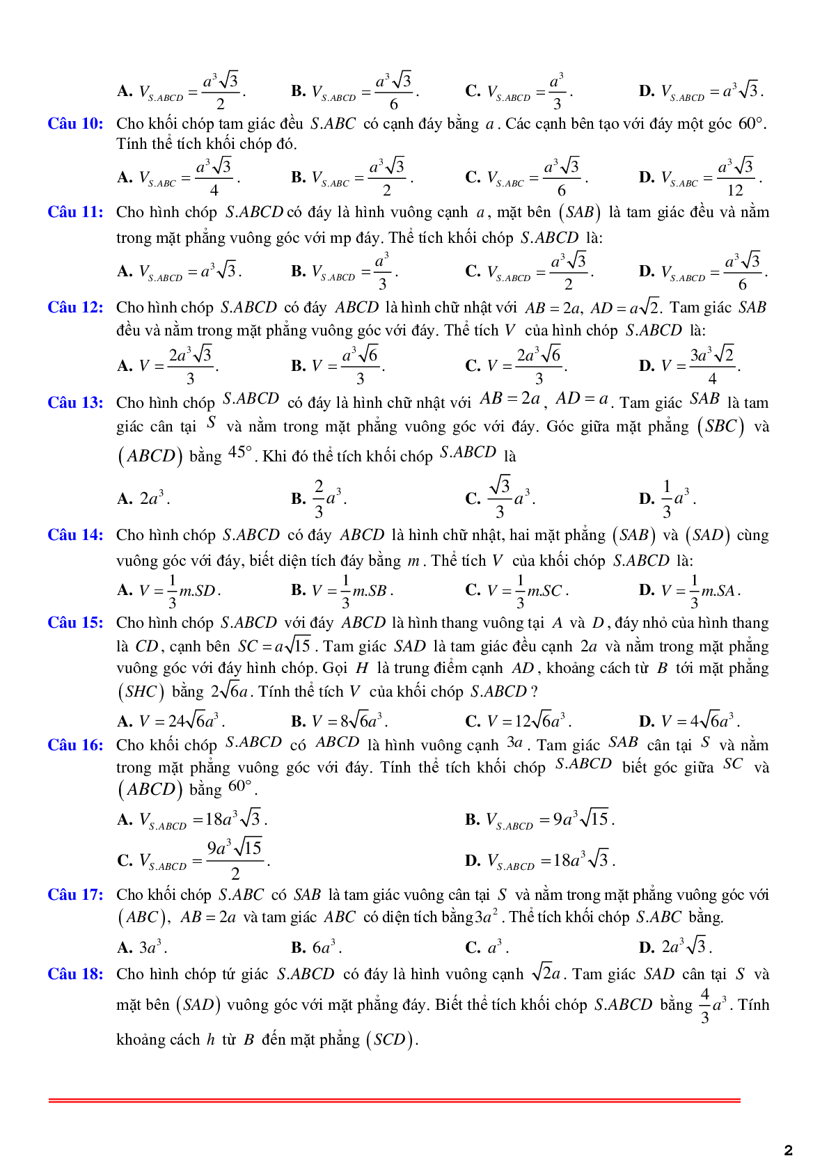 69 câu trắc nghiệm về thể thích khối chóp có một mặt bên vuông góc với đáy phần 2 - có đáp án chi tiết (trang 2)
