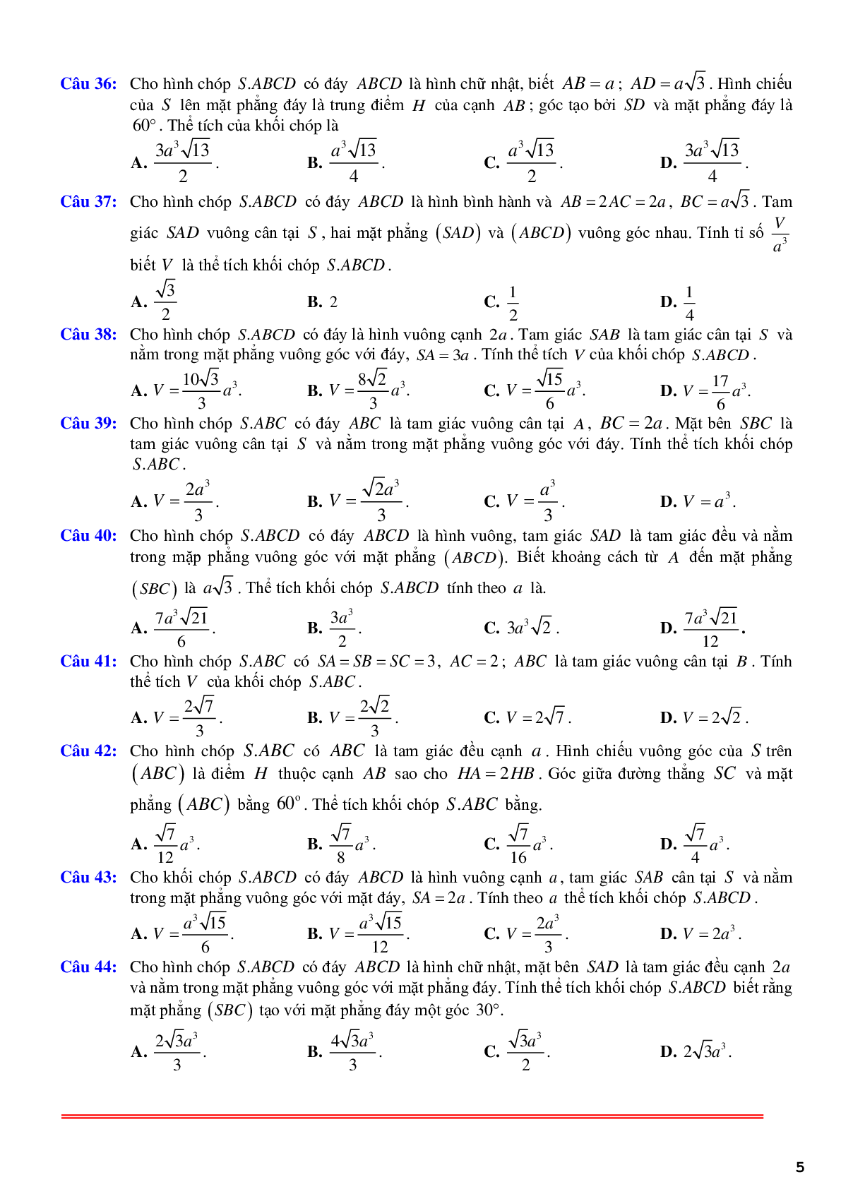 69 câu trắc nghiệm về thể thích khối chóp có một mặt bên vuông góc với đáy phần 2 - có đáp án chi tiết (trang 5)