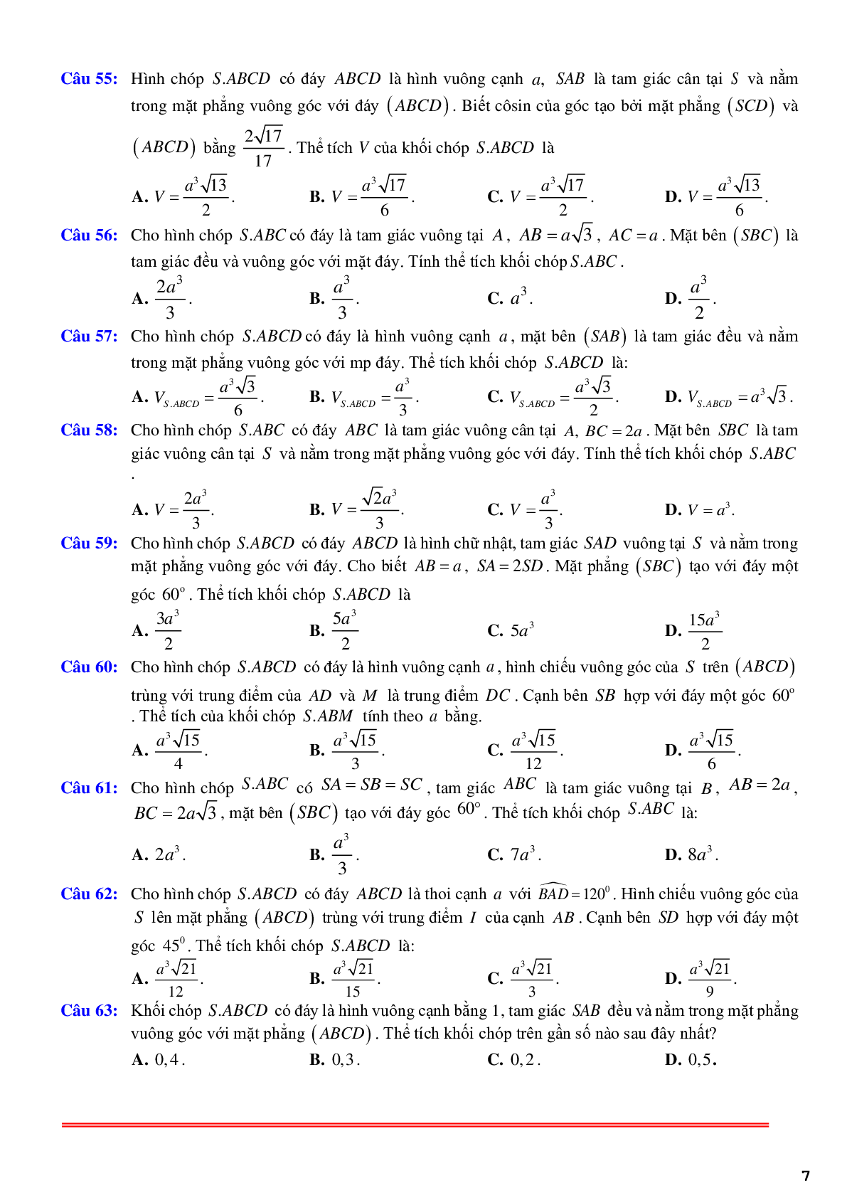 69 câu trắc nghiệm về thể thích khối chóp có một mặt bên vuông góc với đáy phần 2 - có đáp án chi tiết (trang 7)