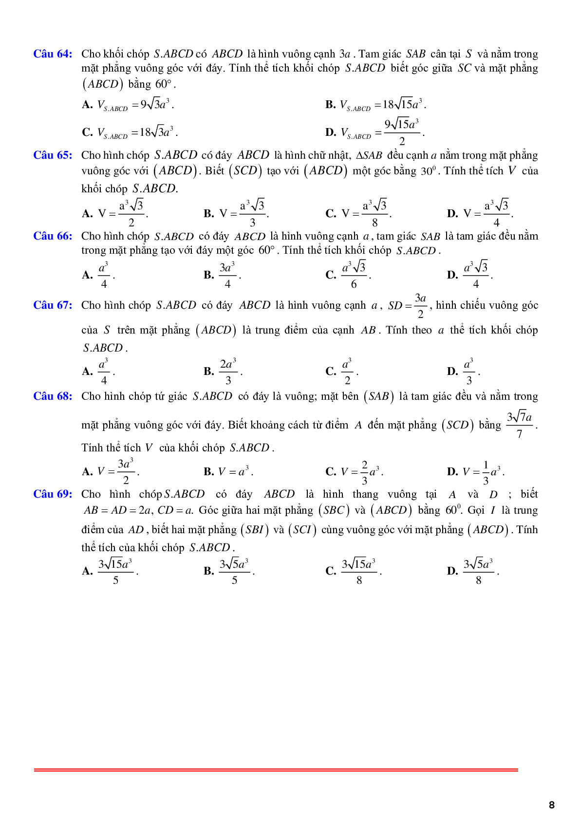 69 câu trắc nghiệm về thể thích khối chóp có một mặt bên vuông góc với đáy phần 2 - có đáp án chi tiết (trang 8)