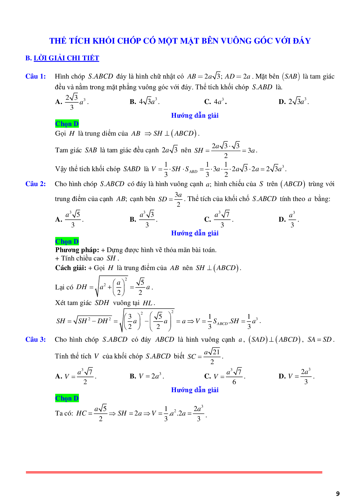 69 câu trắc nghiệm về thể thích khối chóp có một mặt bên vuông góc với đáy phần 2 - có đáp án chi tiết (trang 9)
