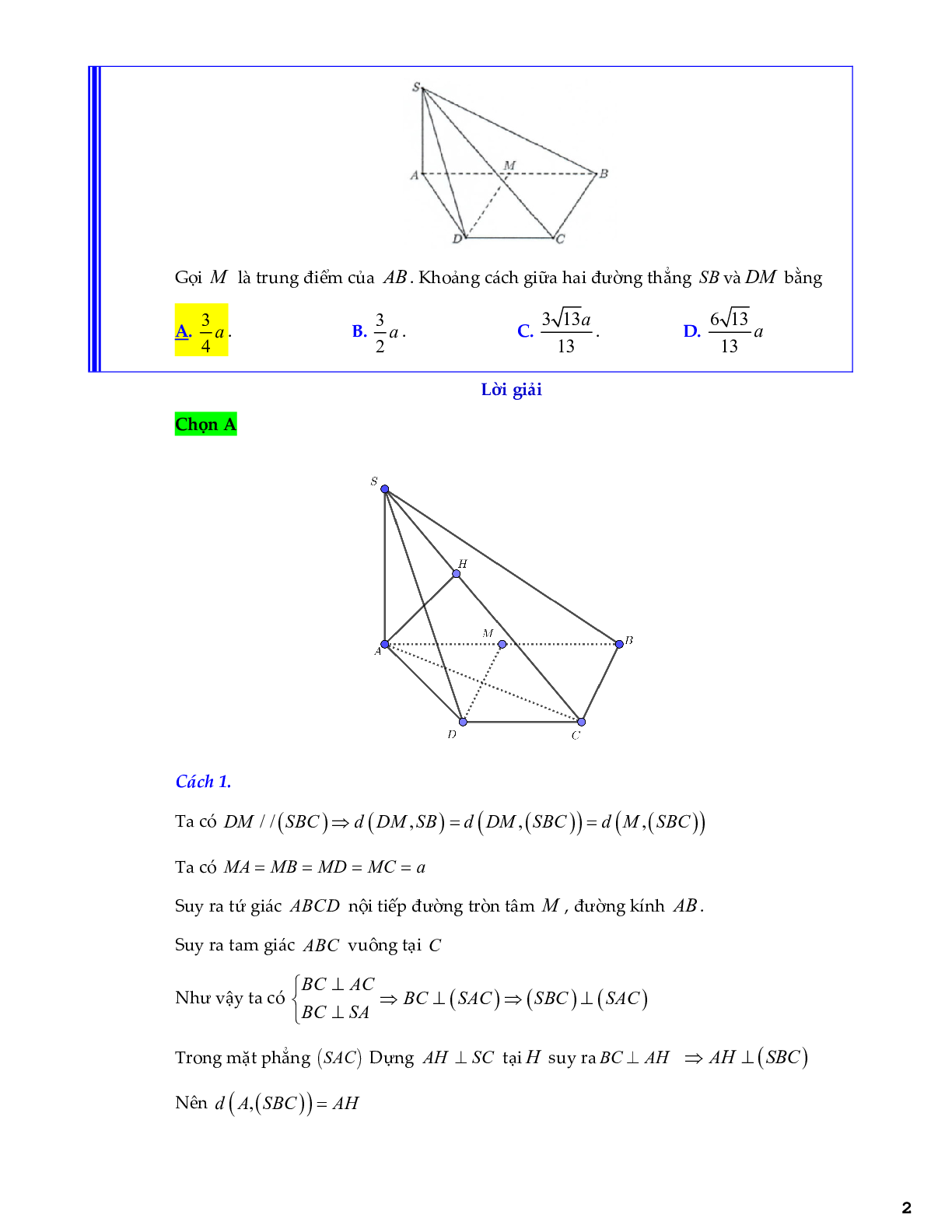 Bài toán góc và khoảng cách trong đề tham khảo THPTQG 2020 môn Toán (trang 2)