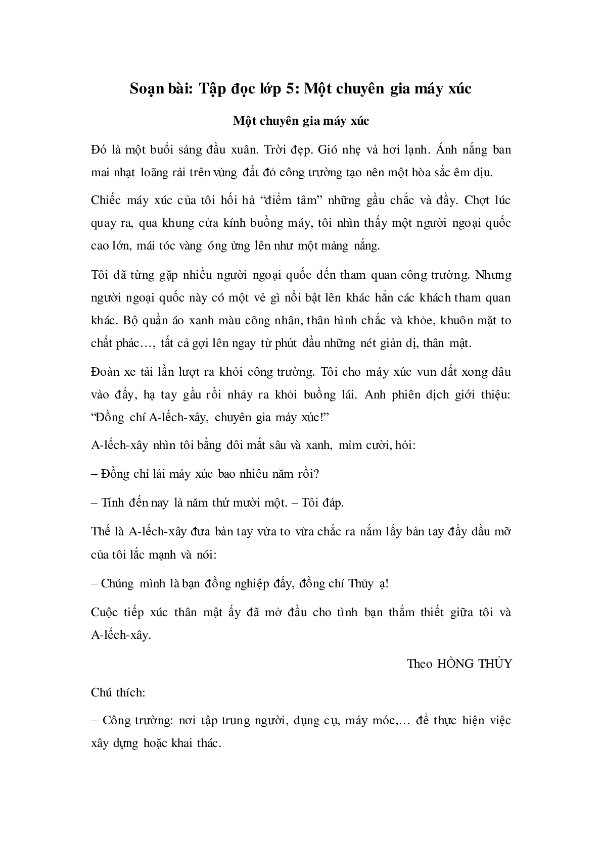 Soạn Tiếng Việt lớp 5: Tập đọc: Một chuyên gia máy xúc mới nhất (trang 1)