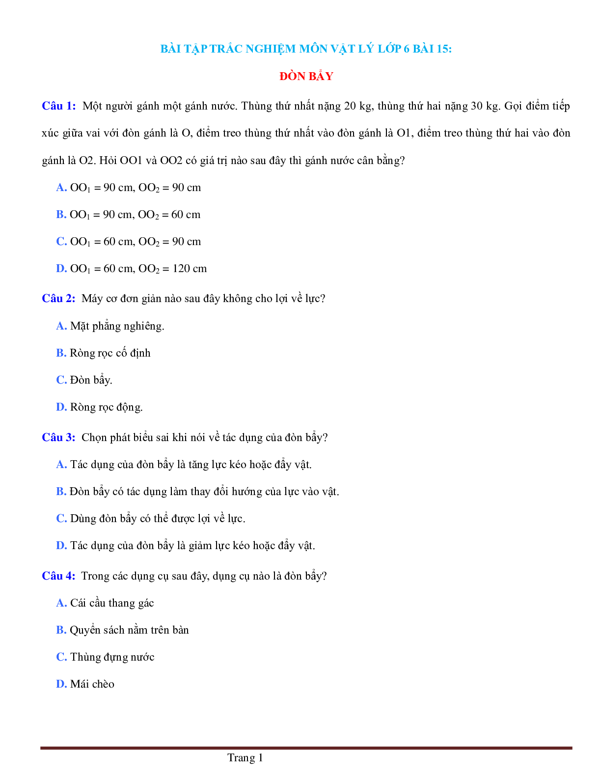 BÀI TẬP TRẮC NGHIỆM MÔN VẬT LÝ LỚP 6 BÀI 15: ĐÒN BẨY CÓ ĐÁP ÁN, CHỌN LỌC (trang 1)