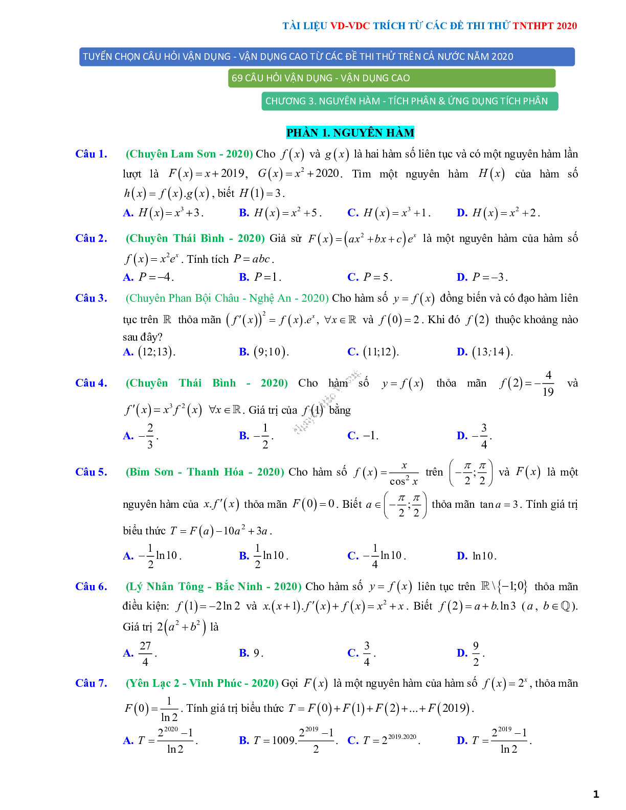 68 Bài tập vận dụng nguyên hàm tích phân và ứng dụng - có đáp án và lời giải (trang 1)