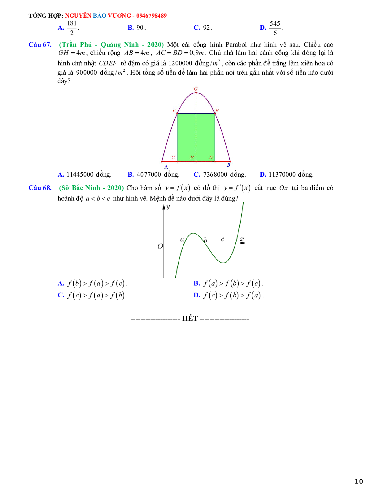 68 Bài tập vận dụng nguyên hàm tích phân và ứng dụng - có đáp án và lời giải (trang 10)