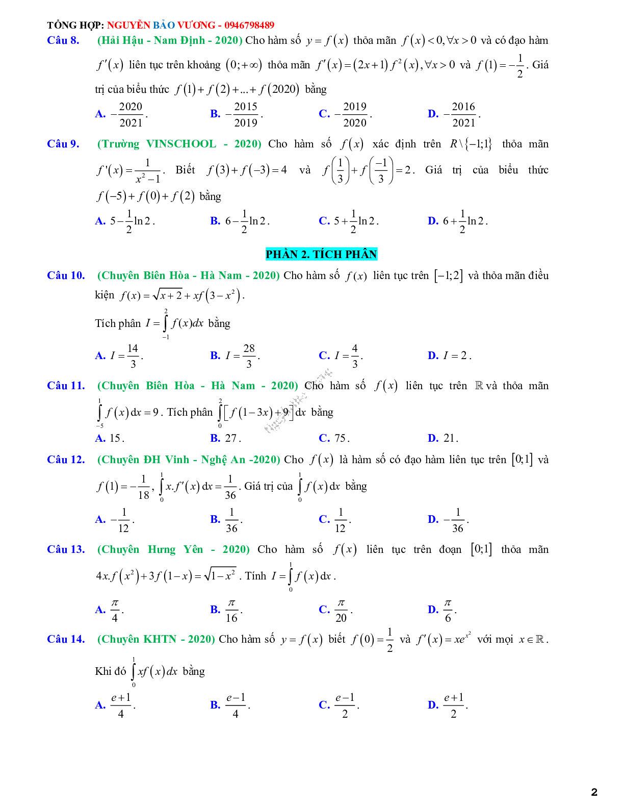 68 Bài tập vận dụng nguyên hàm tích phân và ứng dụng - có đáp án và lời giải (trang 2)