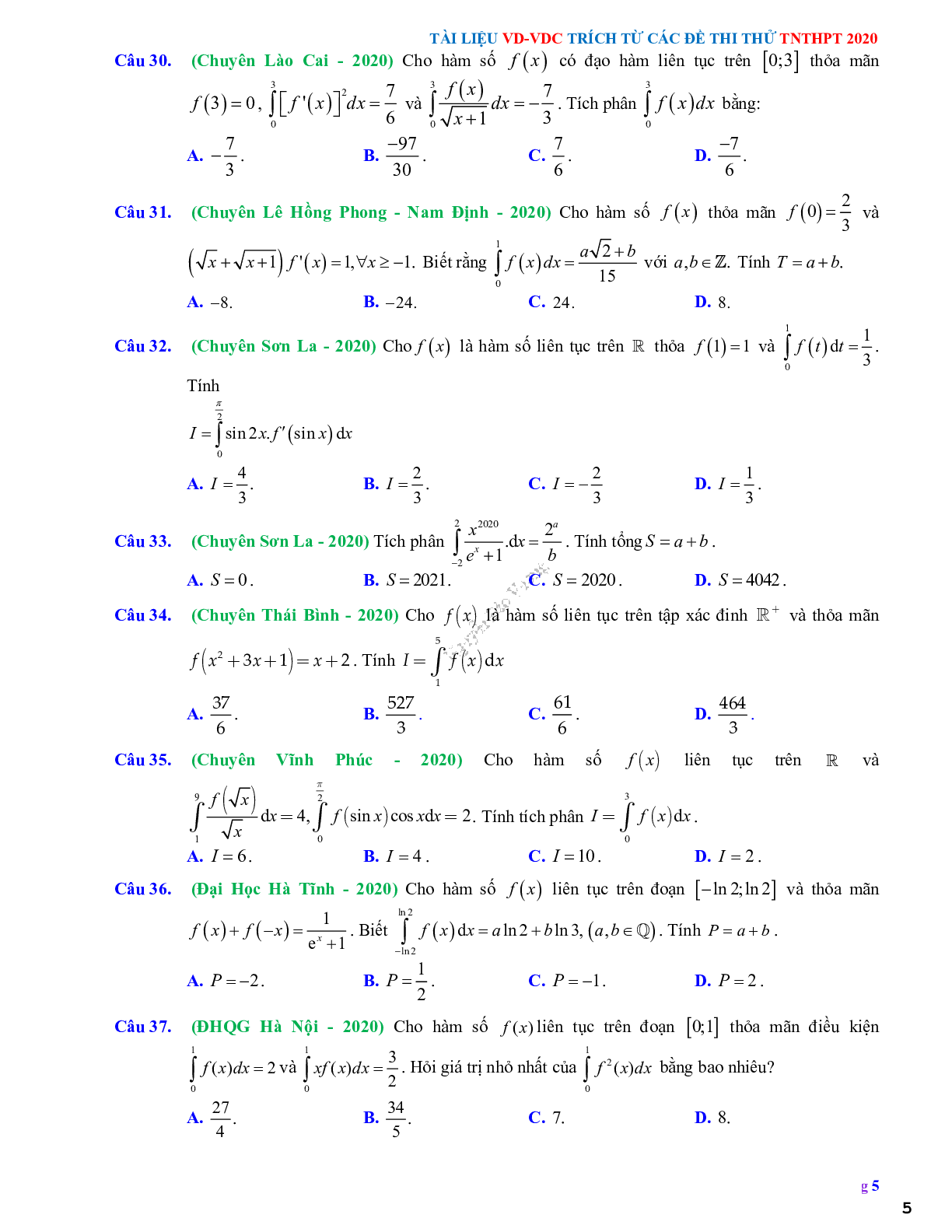 68 Bài tập vận dụng nguyên hàm tích phân và ứng dụng - có đáp án và lời giải (trang 5)