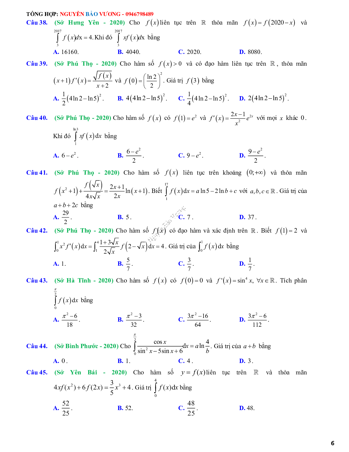 68 Bài tập vận dụng nguyên hàm tích phân và ứng dụng - có đáp án và lời giải (trang 6)