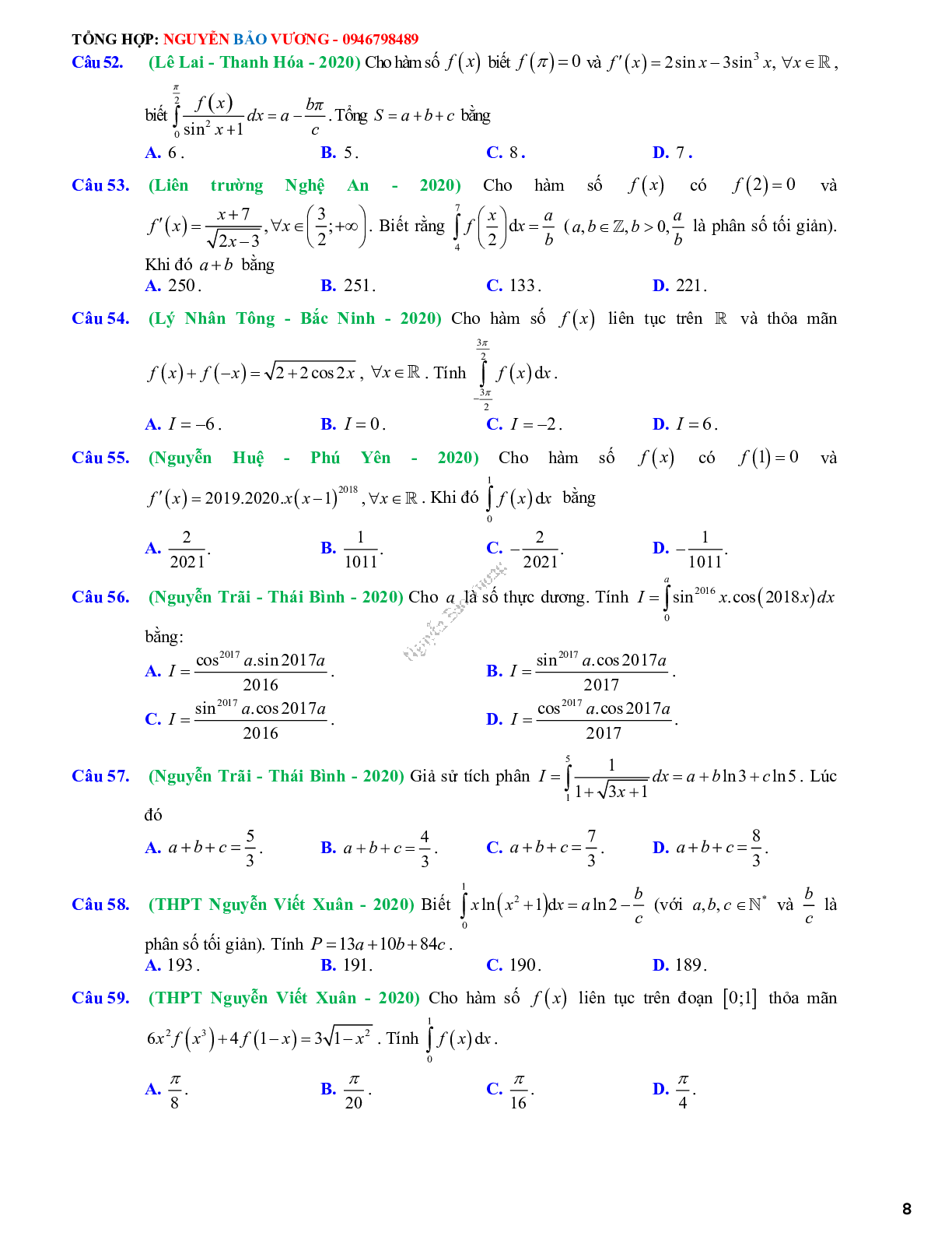 68 Bài tập vận dụng nguyên hàm tích phân và ứng dụng - có đáp án và lời giải (trang 8)