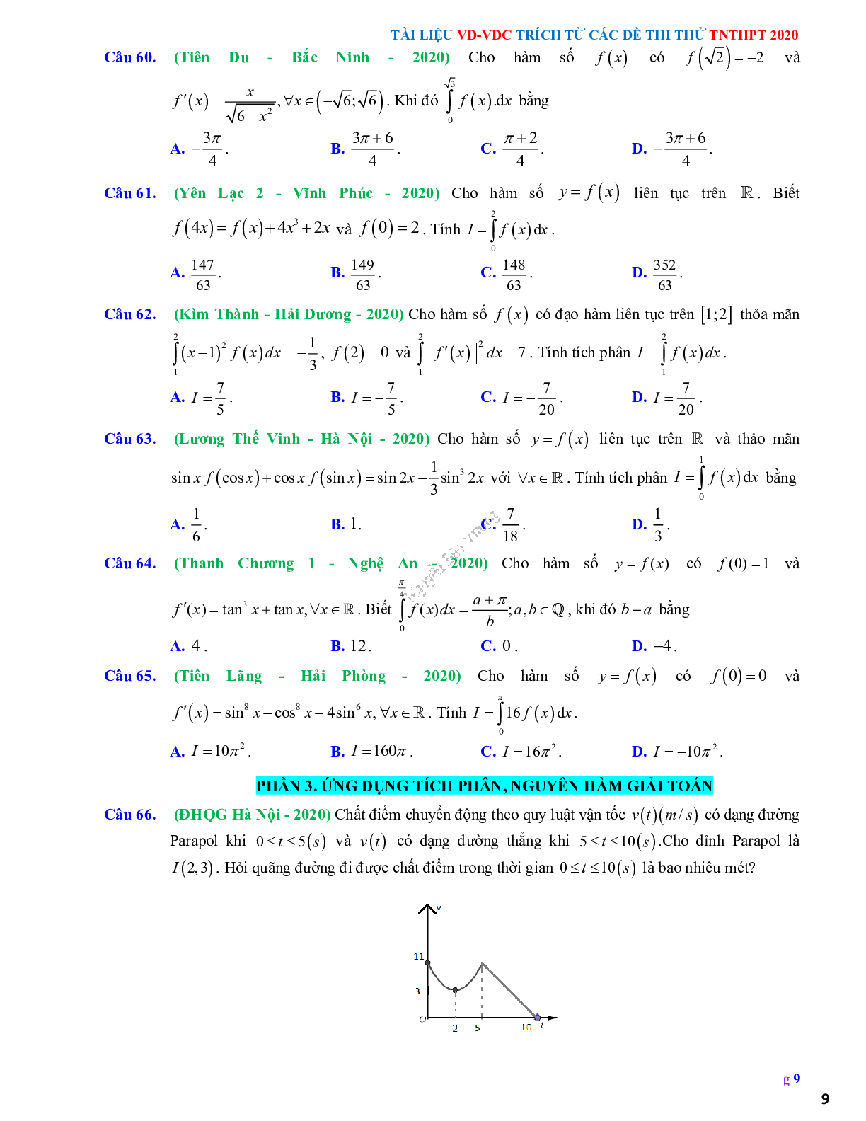 68 Bài tập vận dụng nguyên hàm tích phân và ứng dụng - có đáp án và lời giải (trang 9)
