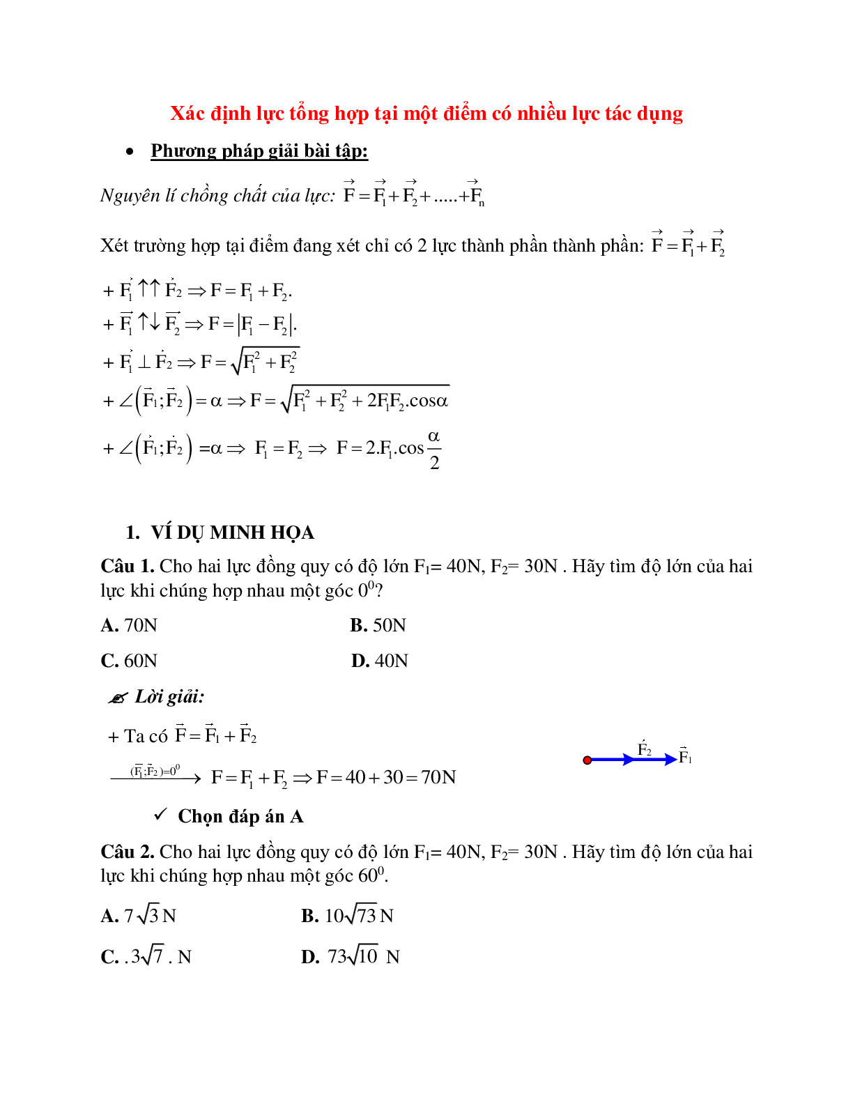 Phương pháp giải và bài tập về Xác định lực tổng hợp tại một điểm có nhiều lực tác dụng (trang 1)