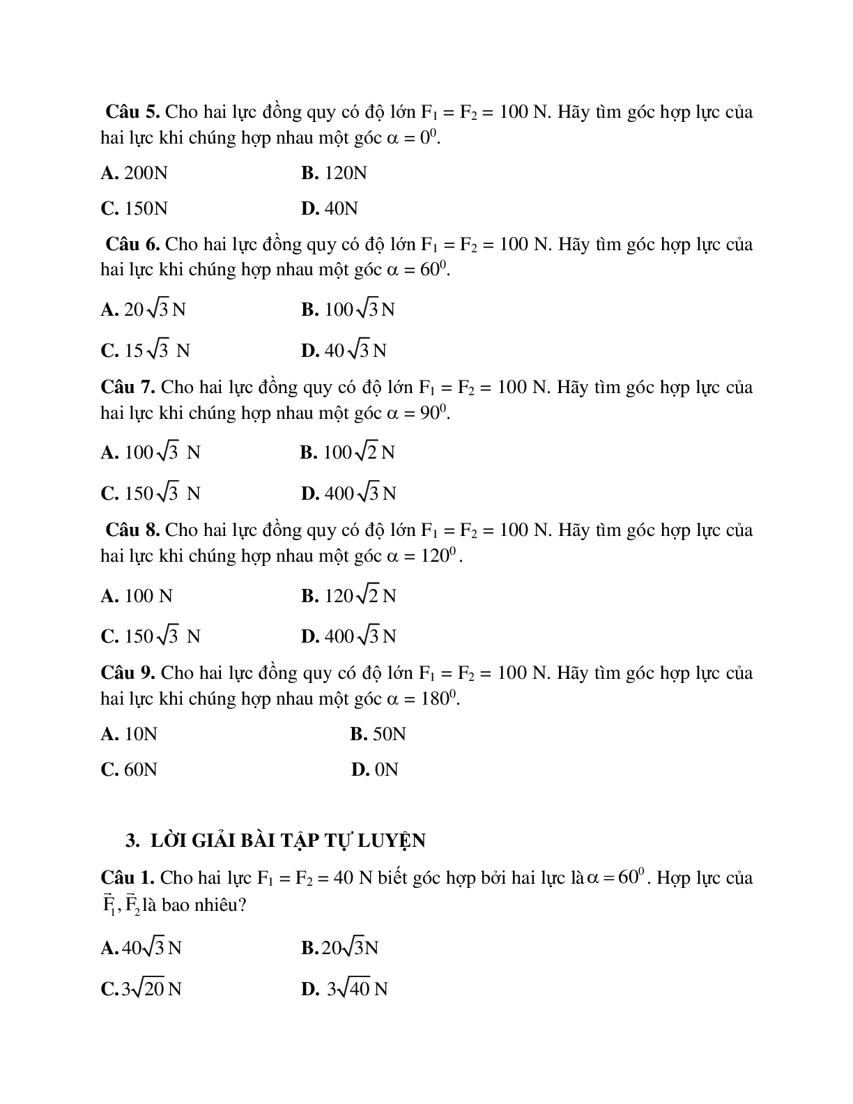 Phương pháp giải và bài tập về Xác định lực tổng hợp tại một điểm có nhiều lực tác dụng (trang 6)