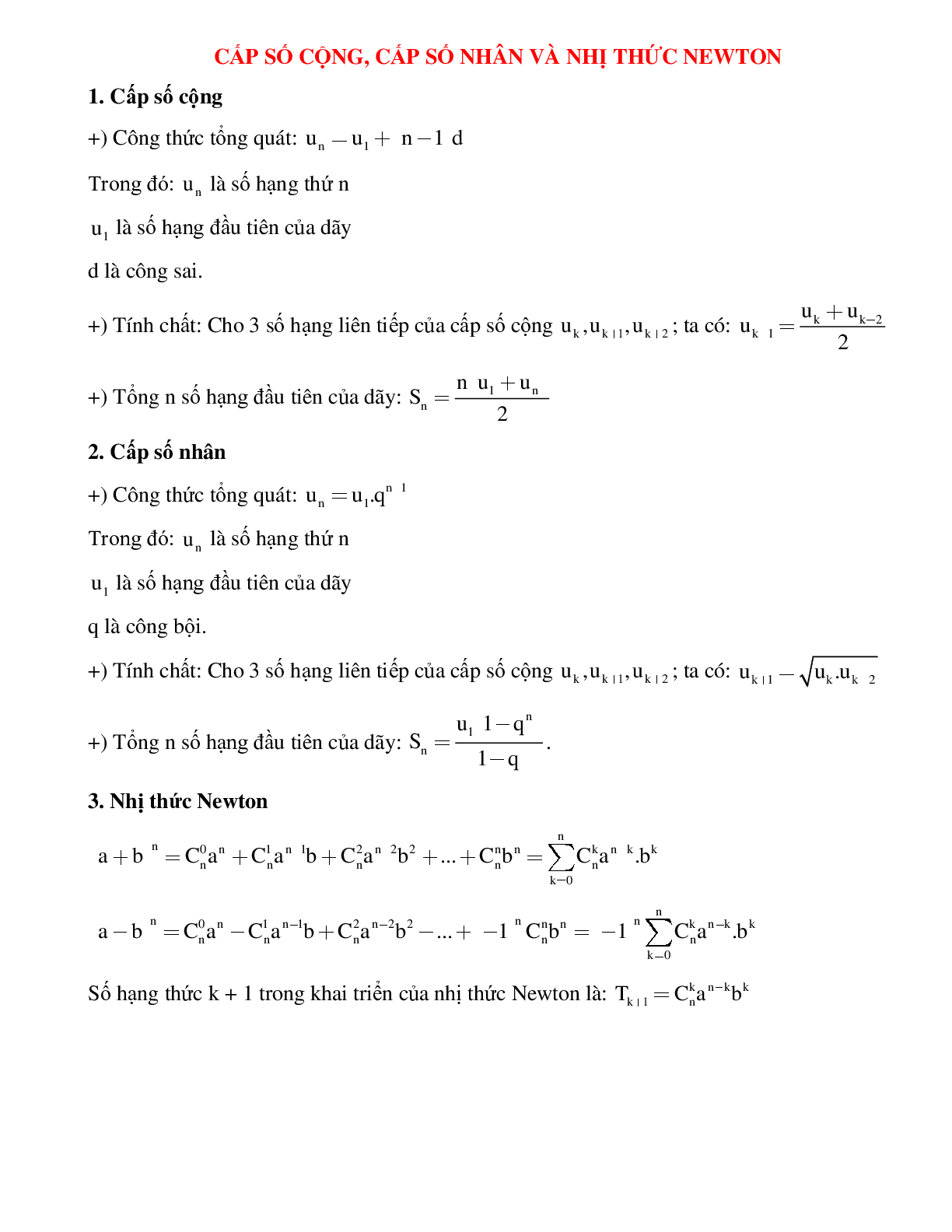 Cấp số cộng, cấp số nhân, nhị thức Newton (trang 1)