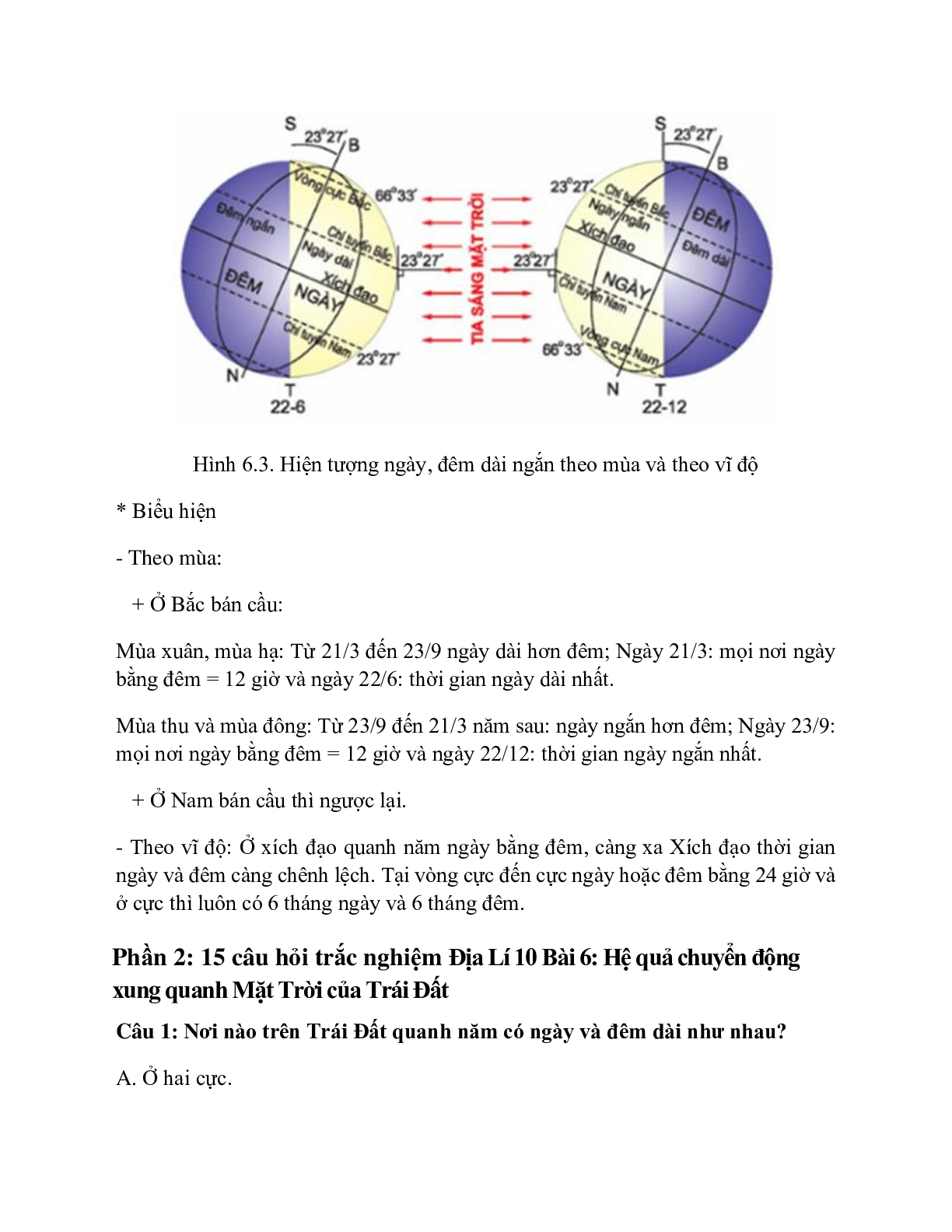 Địa Lí 10 Bài 6 (Lý thuyết và trắc nghiệm): Hệ quả chuyển động xung quanh Mặt Trời của Trái Đất (trang 3)