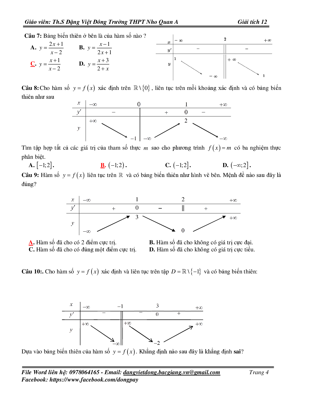 139 Bài tập trắc nghiệm về bảng biến thiên và đồ thị hàm số có đáp án 2023 (trang 4)