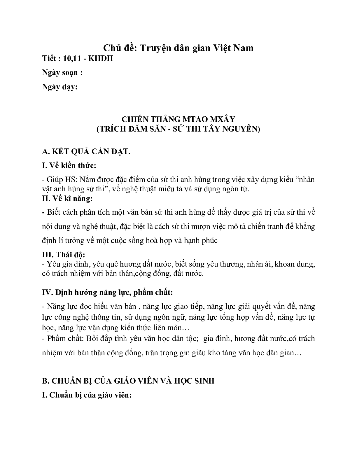 Giáo án ngữ văn lớp 10 Tiết 10, 11: Chiến thắng Mtao - Mxây (trang 1)