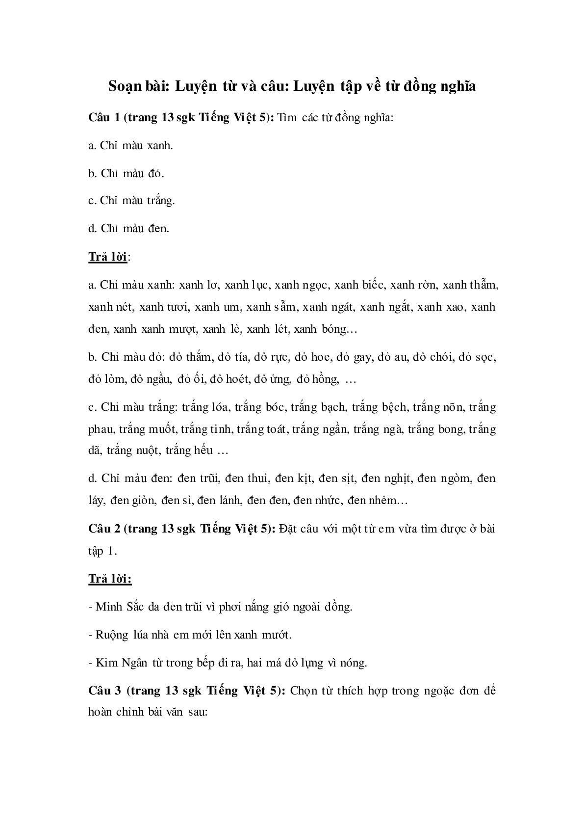 Soạn Tiếng Việt lớp 5: Luyện từ và câu: Luyện tập về từ đồng nghĩa mới nhất (trang 1)