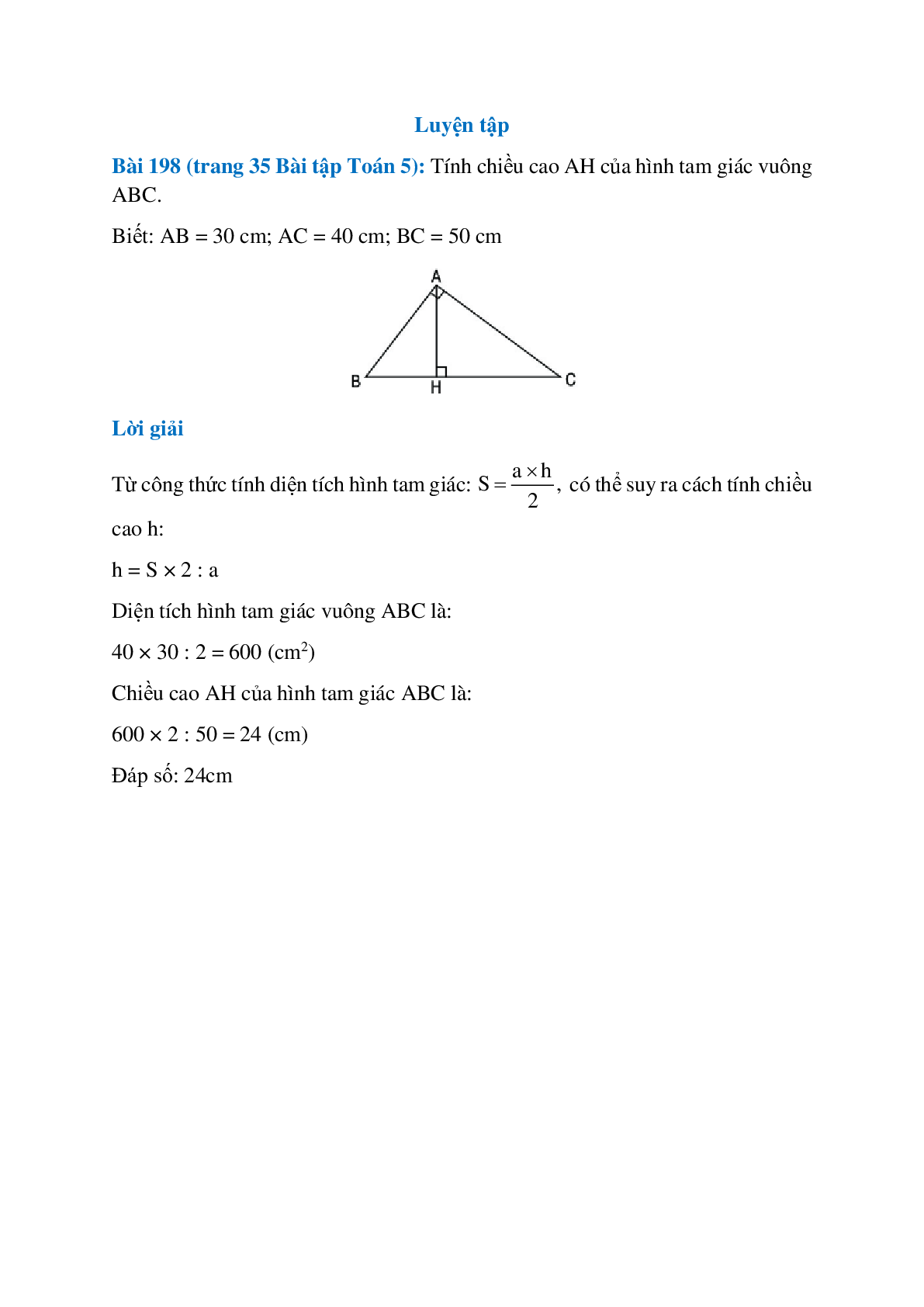 Tính chiều cao AH của hình tam giác vuông ABC (trang 1)