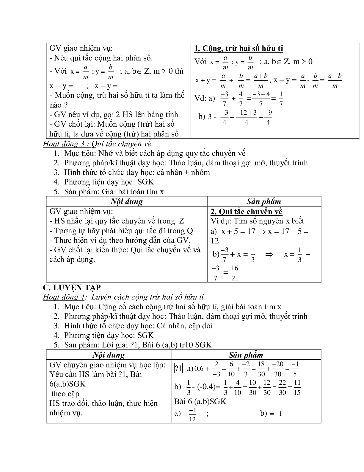 Giáo án Toán học 7 bài 2: Cộng, trừ số hữu tỉ chuẩn nhất (trang 2)