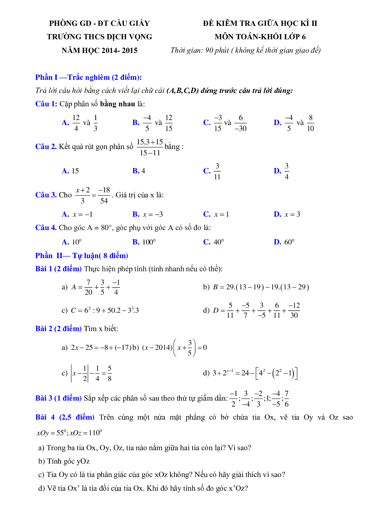 Bộ đề thi giữa kì 2 môn toán lớp 6 (trang 1)