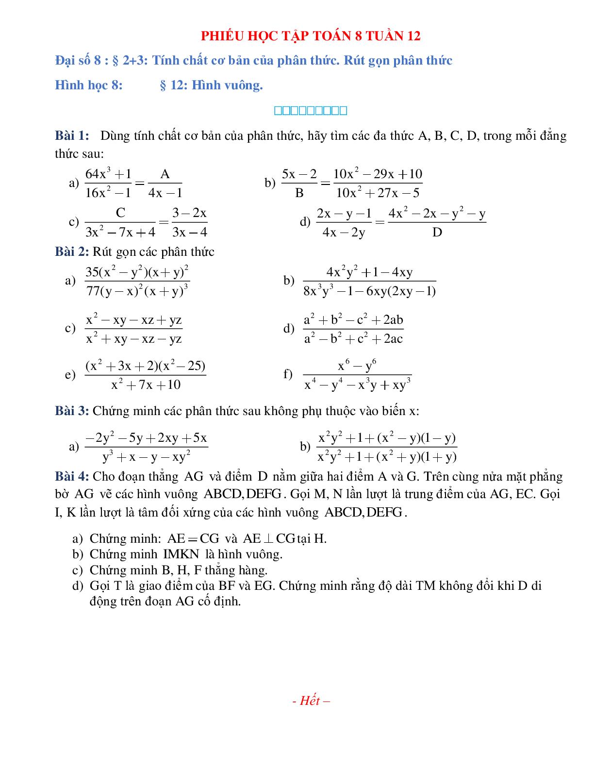 Phiếu bài tập tuần 12 - Toán 8 (trang 1)