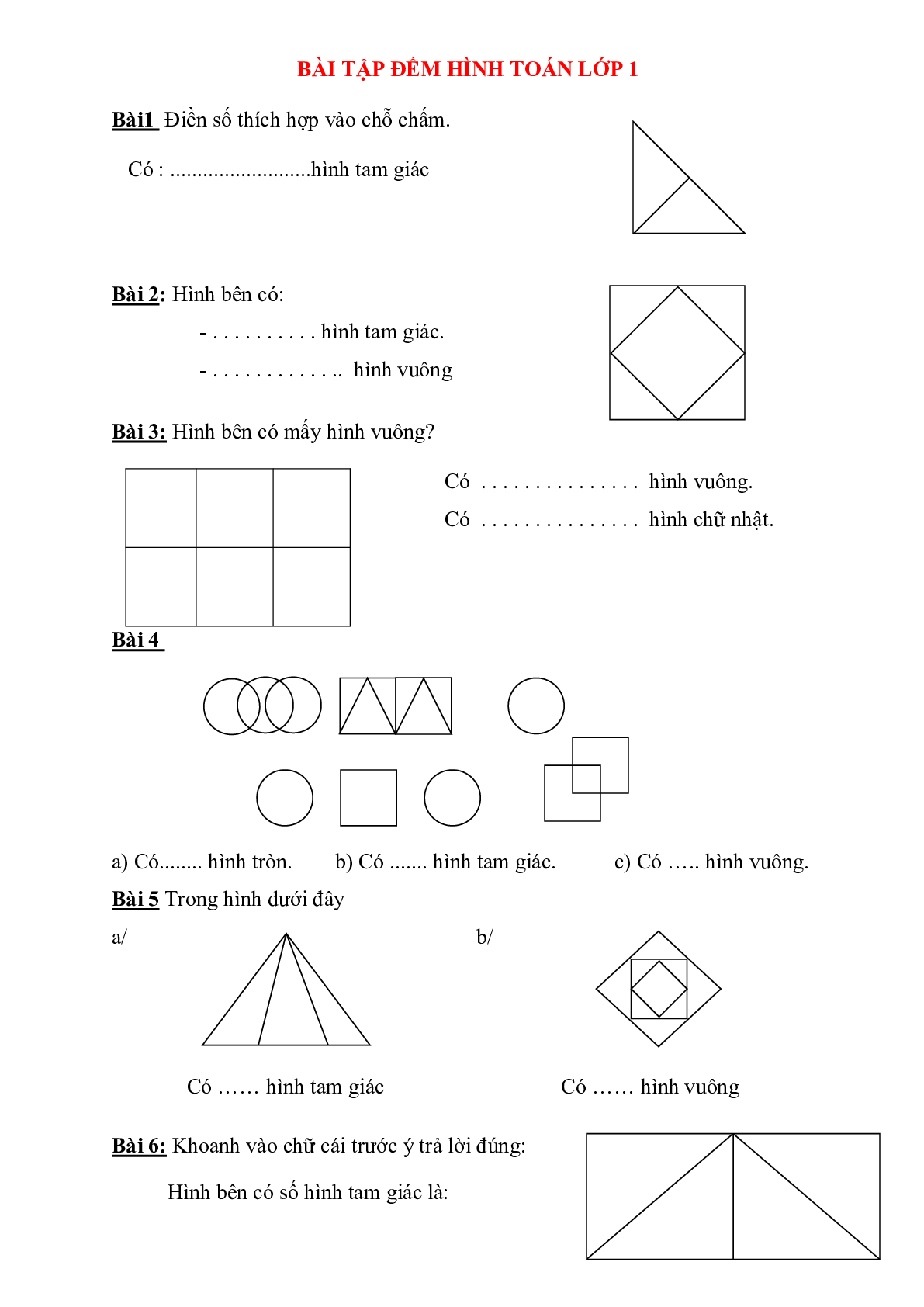 40 bài toán đếm hình lớp 1 môn Toán (trang 1)