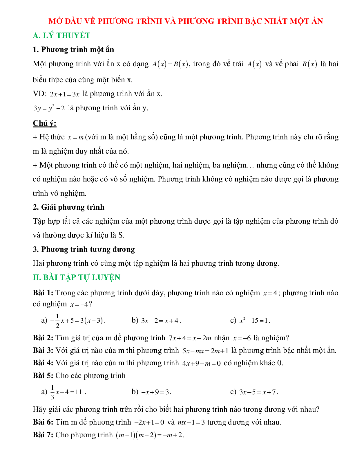 Mở đầu về phương trình và phương trình bậc nhất một ẩn (trang 1)