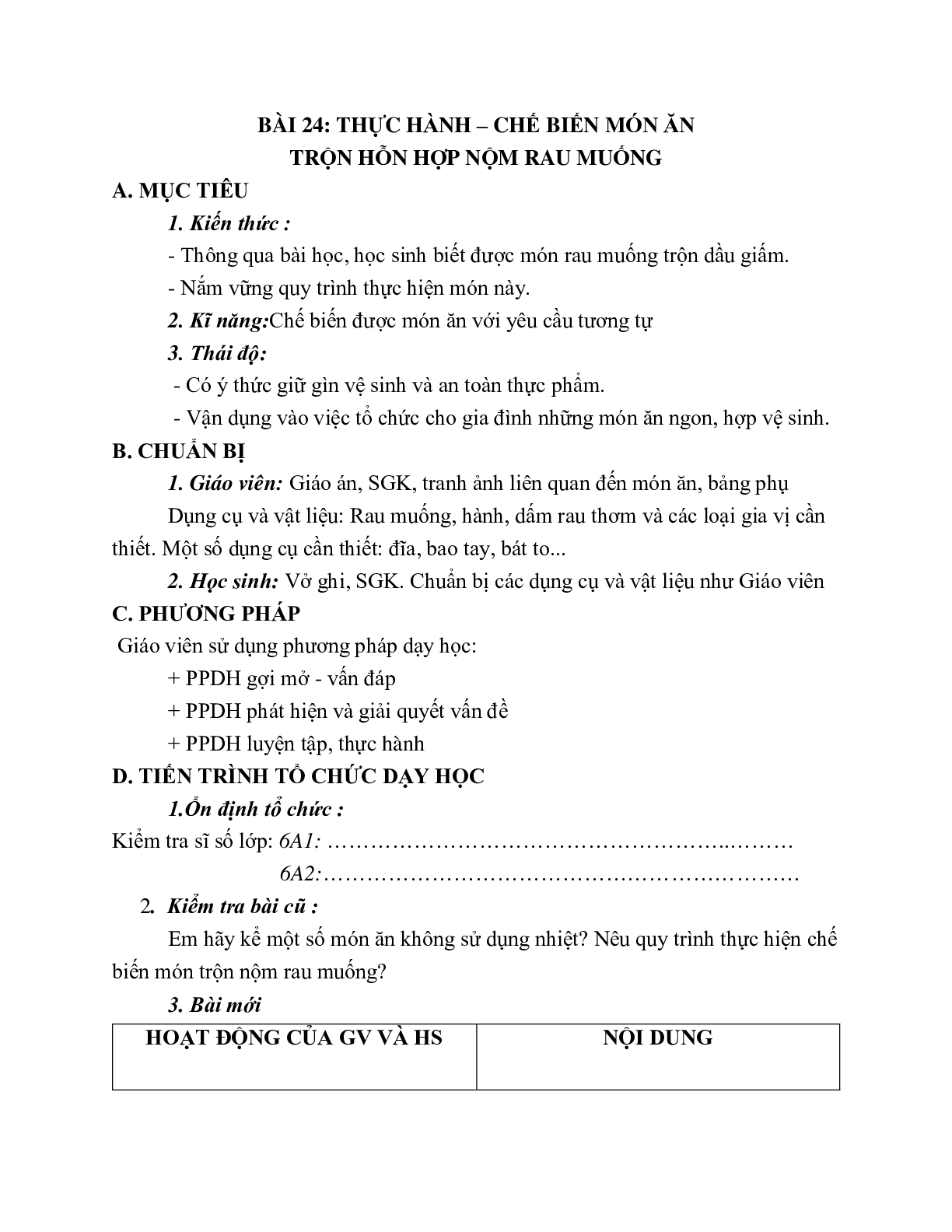 GIÁO ÁN CÔNG NGHỆ 6 BÀI 24: THỰC HÀNH – CHẾ BIẾN MÓN ĂN TRỘN HỖN HỢP NỘM RAU MUỐNG MỚI NHẤT – CV5512 (trang 1)