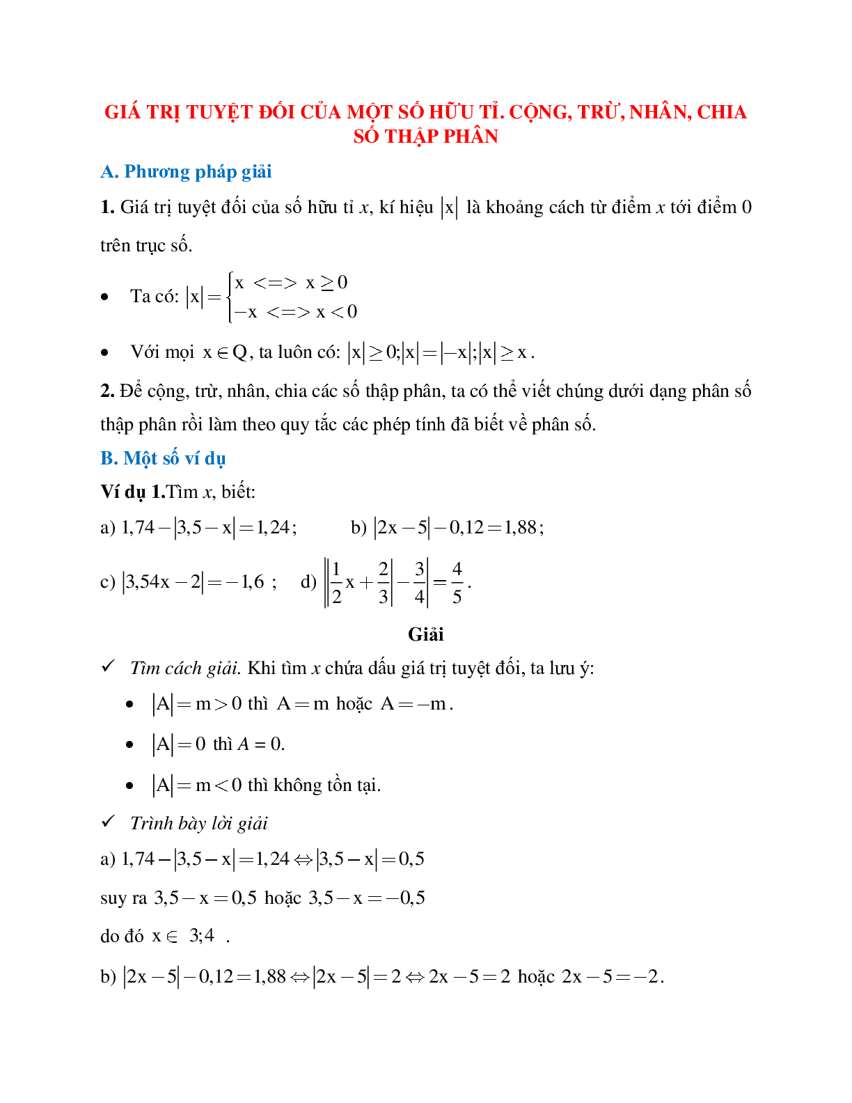 Phương pháp giải bài tập về Giá trị tuyệt đối của một số hữu tỉ - Cộng, trừ, nhân, chia số thập phân có lời giải (trang 1)