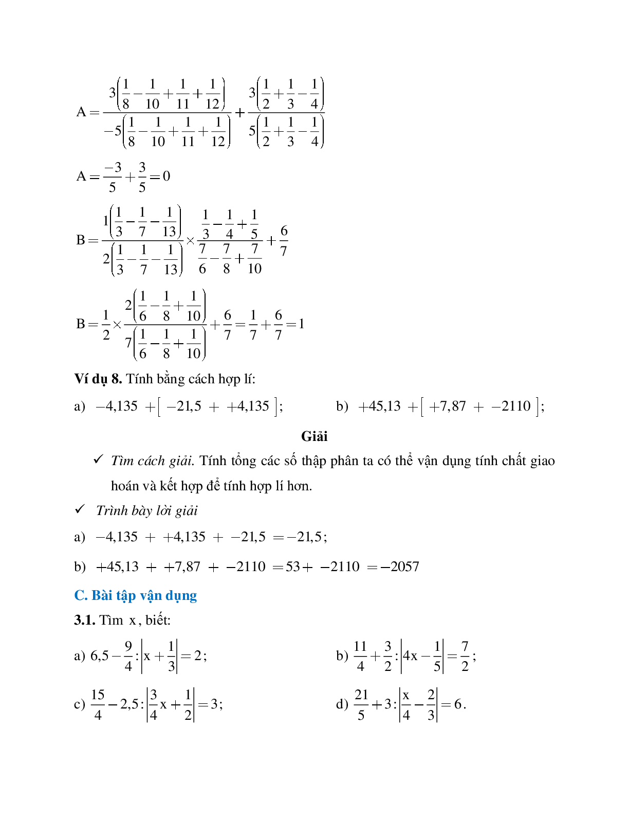 Phương pháp giải bài tập về Giá trị tuyệt đối của một số hữu tỉ - Cộng, trừ, nhân, chia số thập phân có lời giải (trang 7)