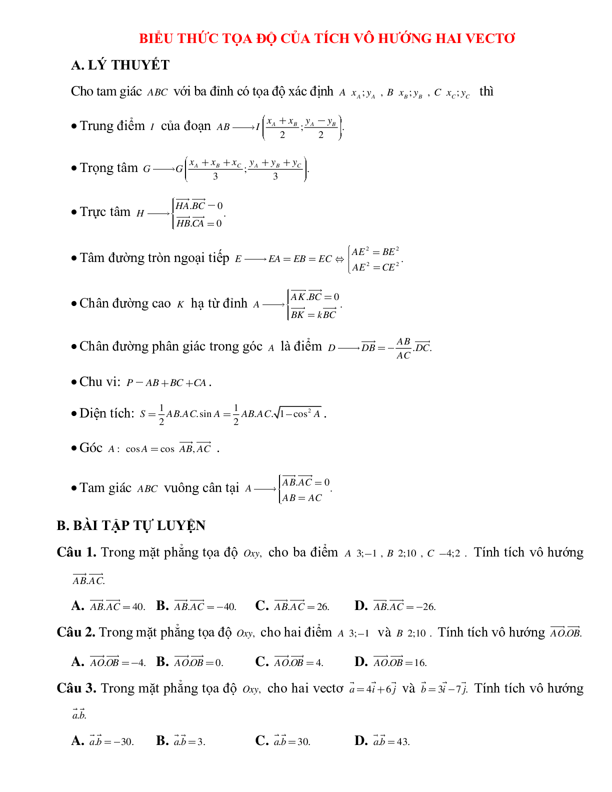 Bài tập tự luyện Biểu thức tọa độ của tích vô hướng hai vectơ chọn lọc (trang 1)