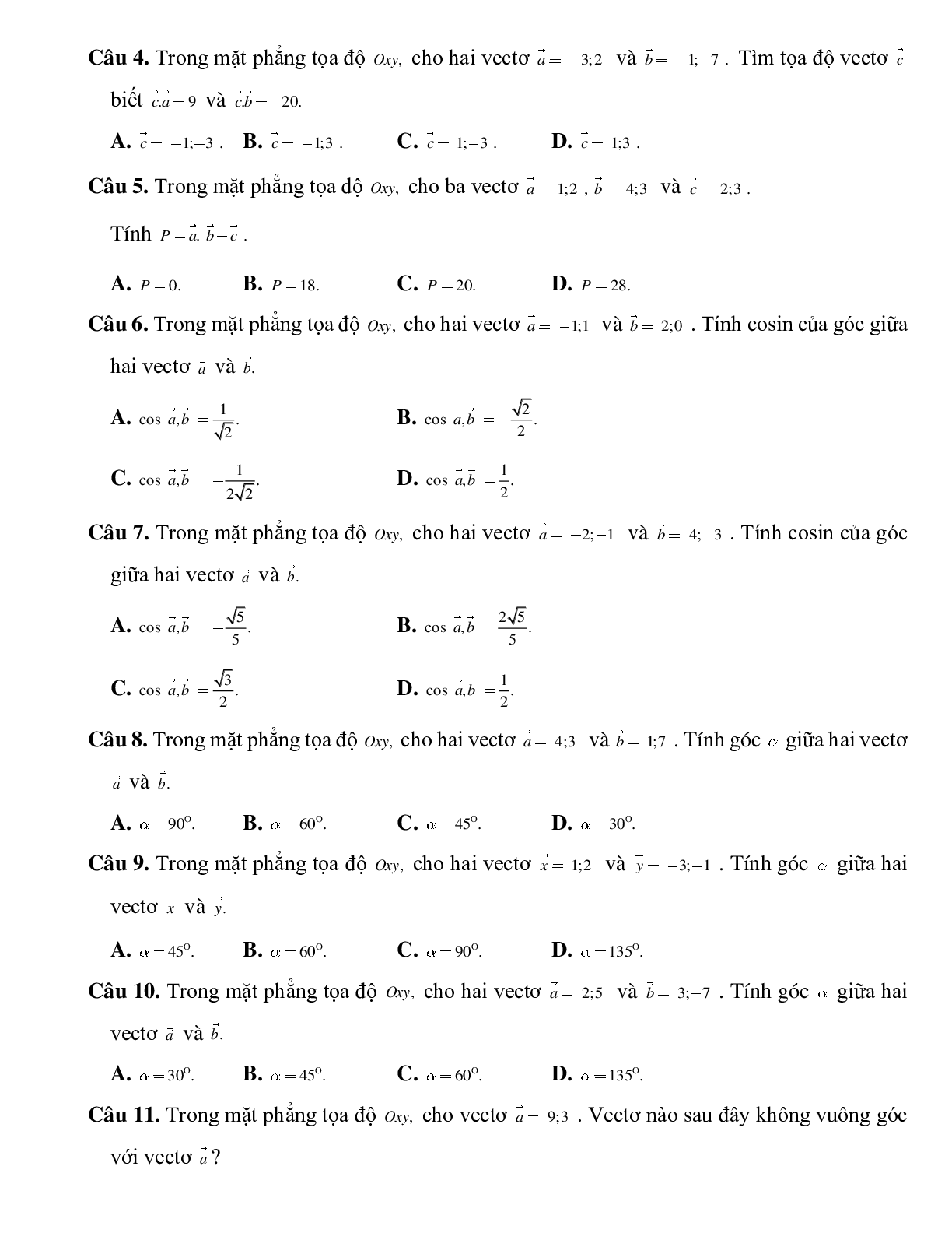Bài tập tự luyện Biểu thức tọa độ của tích vô hướng hai vectơ chọn lọc (trang 2)