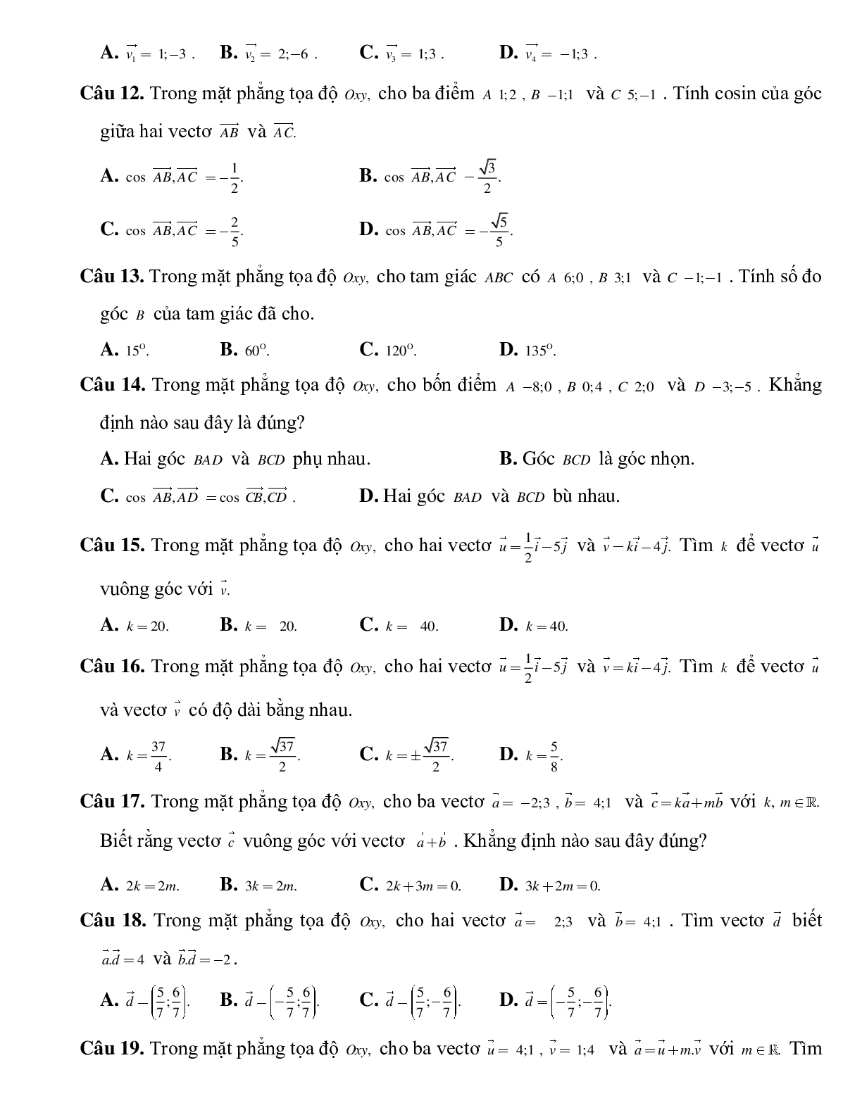 Bài tập tự luyện Biểu thức tọa độ của tích vô hướng hai vectơ chọn lọc (trang 3)