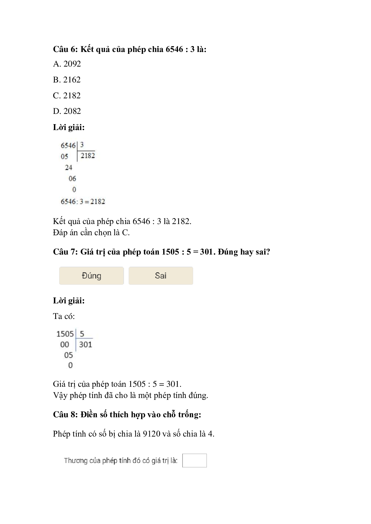 Trắc nghiệm Chia số có bốn chữ số với số có một chữ số có đáp án – Toán lớp 3 (trang 3)