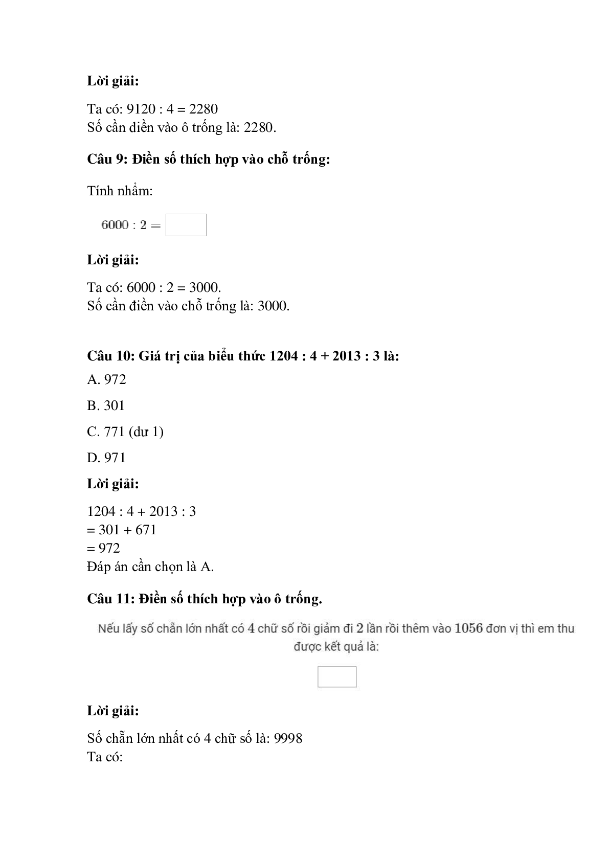 Trắc nghiệm Chia số có bốn chữ số với số có một chữ số có đáp án – Toán lớp 3 (trang 4)
