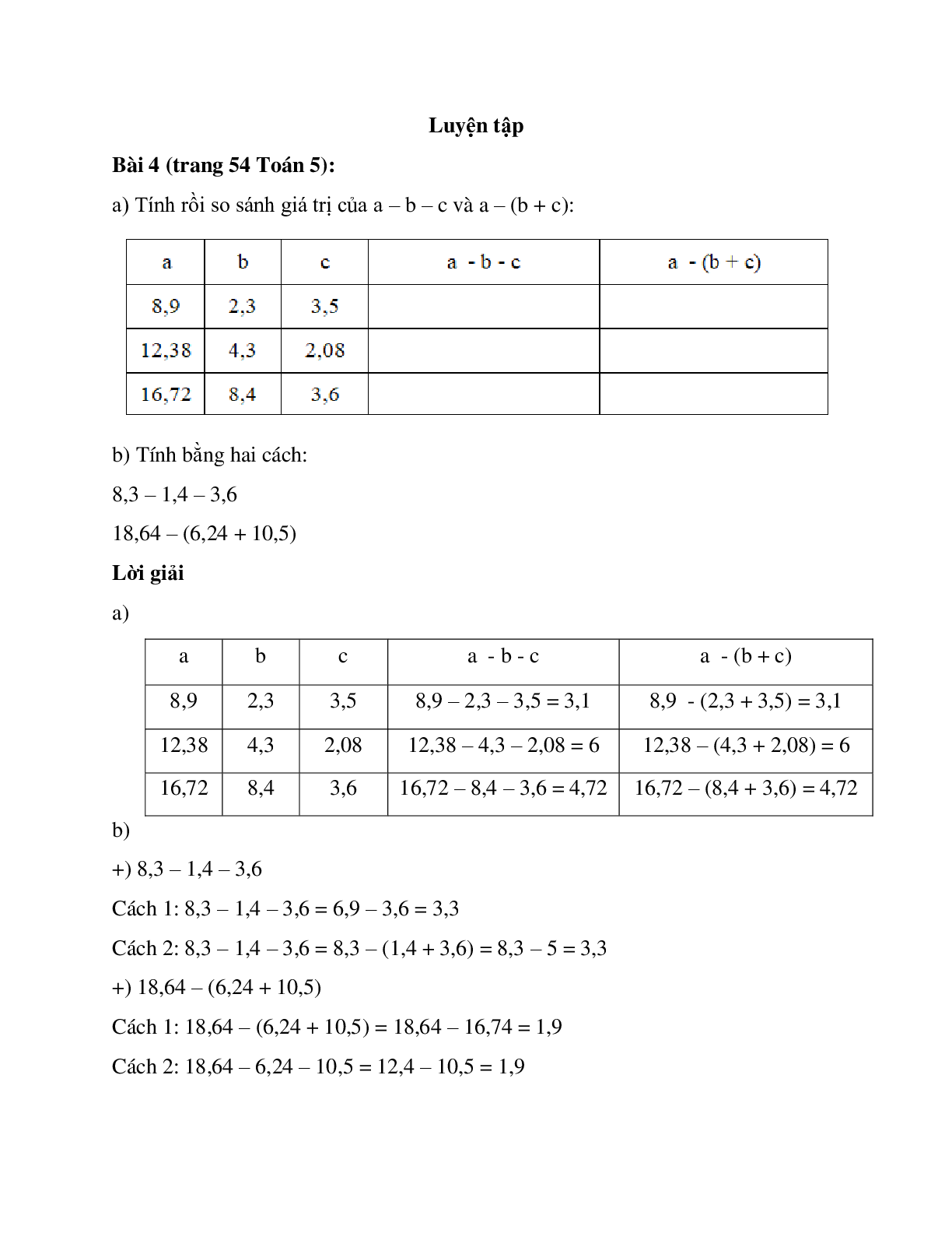 Tính rồi so sánh giá trị của a – b – c (trang 1)